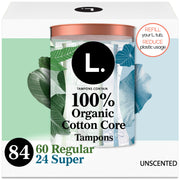 L. Cotton Tampons Regular/Super Absorbency Multipack, Free from Chlorine Bleaching, Pesticides, Fragrances, or Dyes, 42 Count x 2 Packs (84 Count Total)