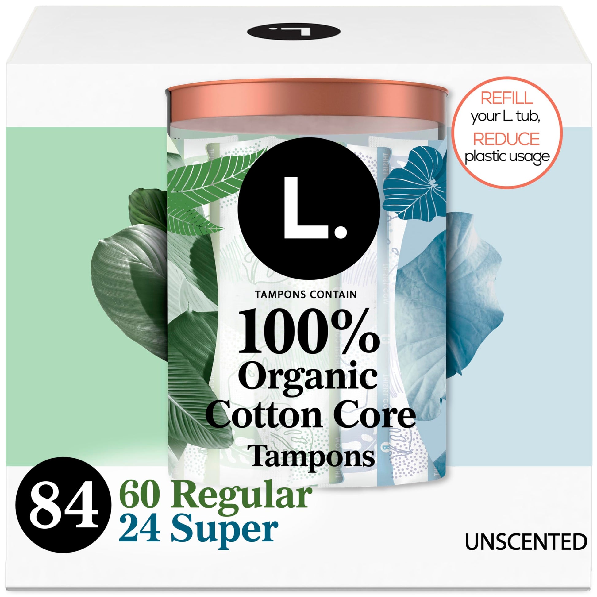 L. Cotton Tampons Regular/Super Absorbency Multipack, Free from Chlorine Bleaching, Pesticides, Fragrances, or Dyes, 42 Count x 2 Packs (84 Count Total)