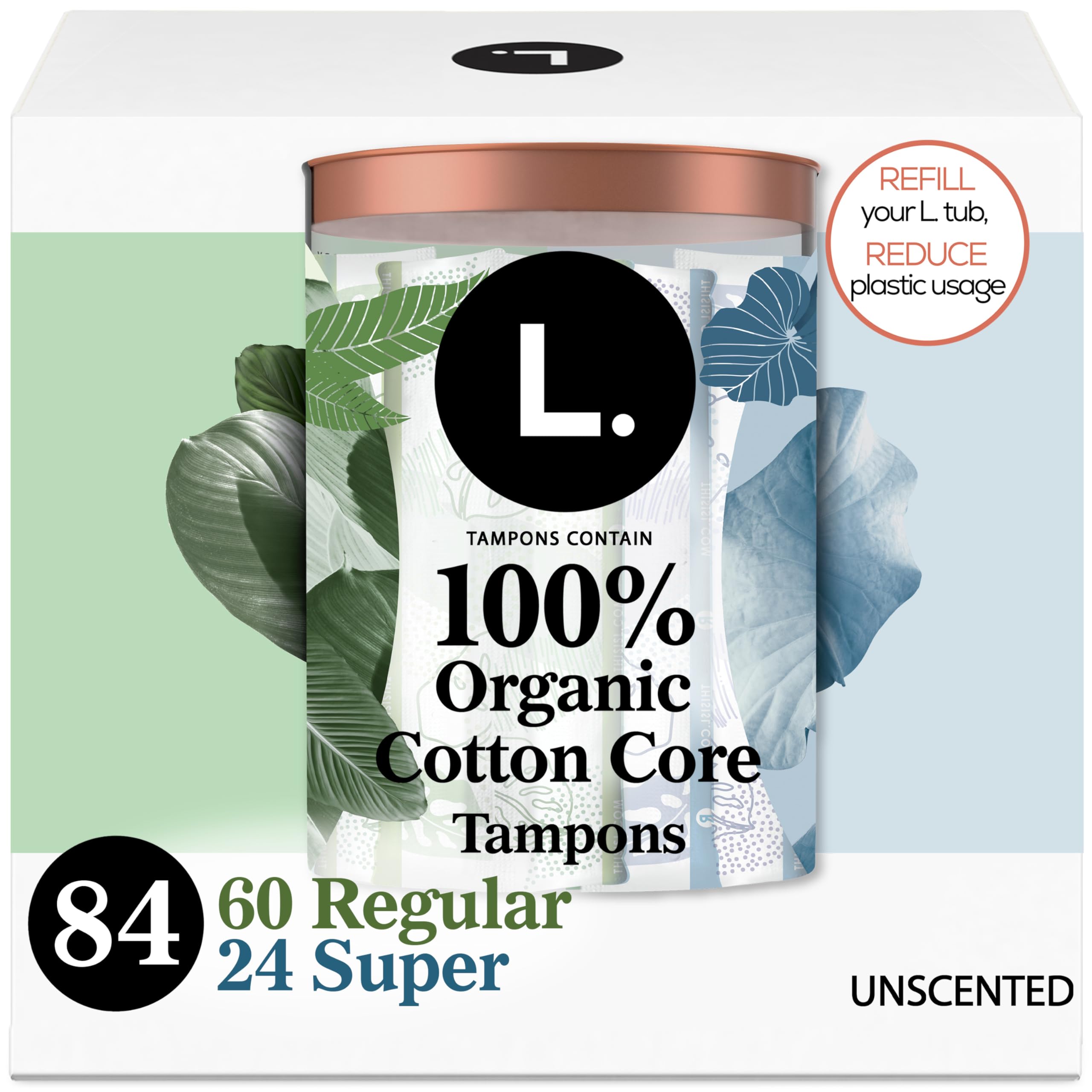 L. Cotton Tampons Regular/Super Absorbency Multipack, Free from Chlorine Bleaching, Pesticides, Fragrances, or Dyes, 42 Count x 2 Packs (84 Count Total)