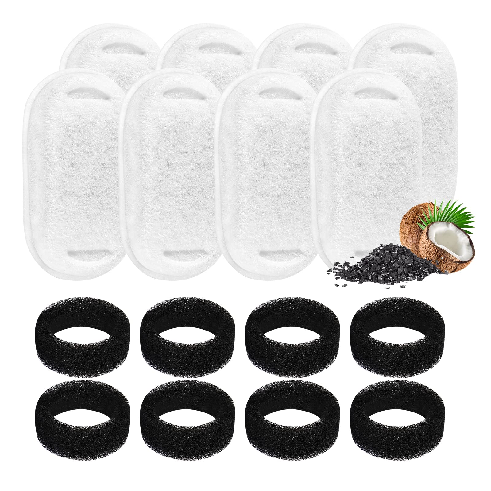 16 Pcs-8 Pack Cat Fountain Filters with 8 Sponges, Pet Replacement Filters for Stainless Steel 108oz/3L, 67oz/2L Pet Fountain