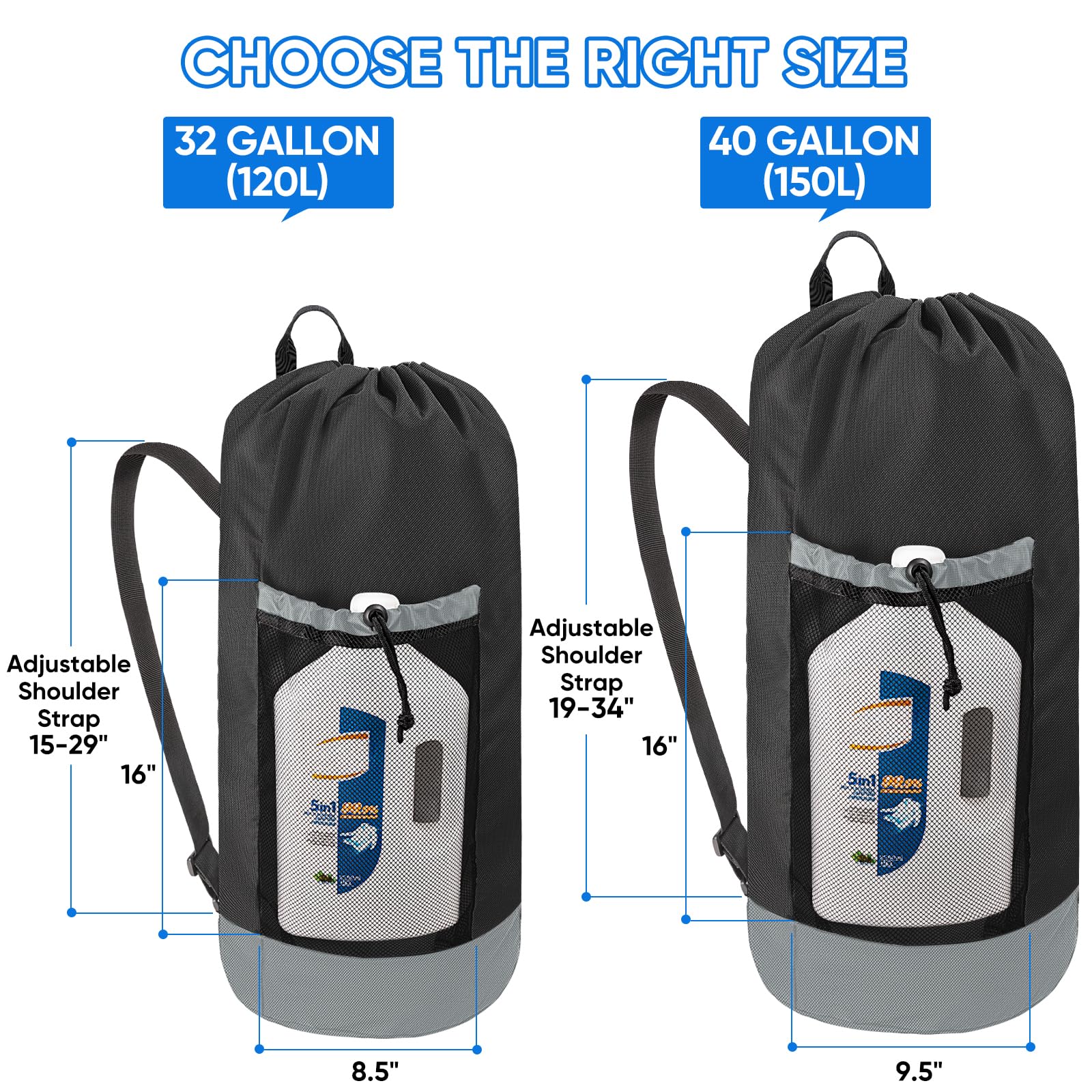 BALEINE 120L Laundry Bag Backpack, 900D Oxford Fabric Large Travel Laundry Bags with Shoulder Straps and 2 Mesh Pockets for College Dorm, Apartment, Laundromat (Black, 120L)