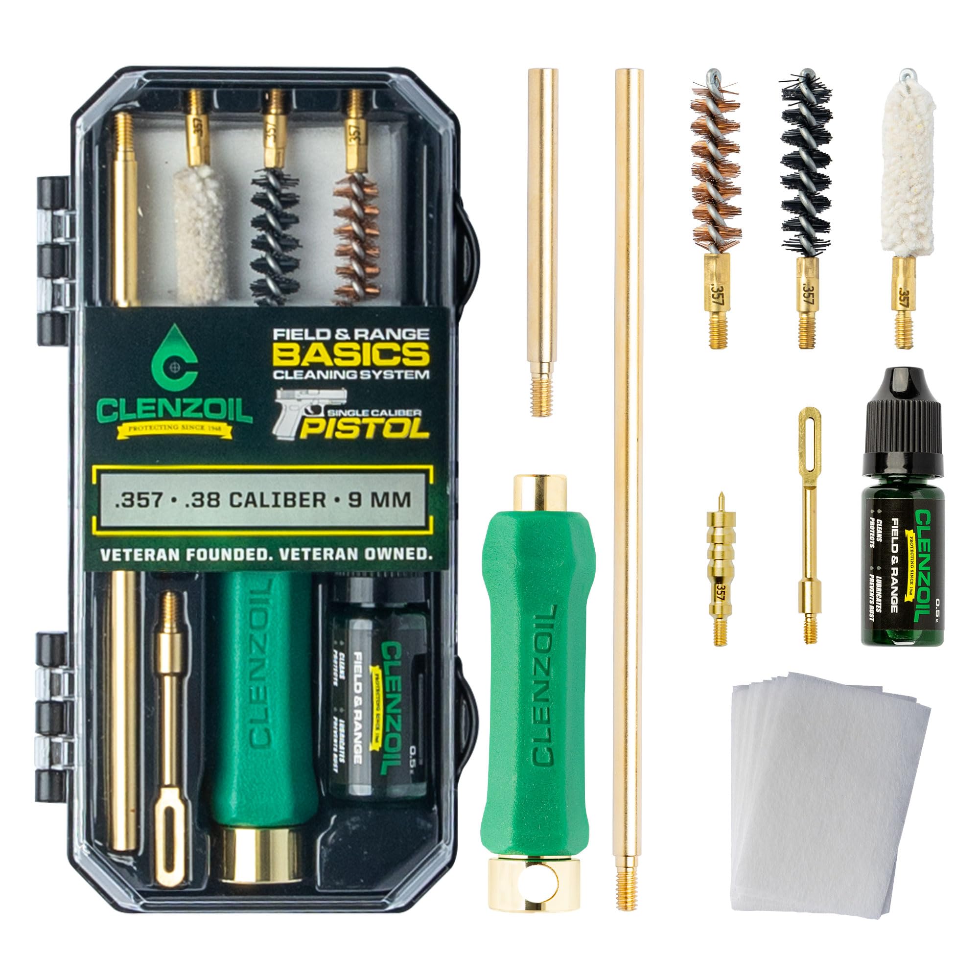 CLENZOIL Field & Range Pistol Basics 9mm Cleaning Kit | Complete Hand Gun Cleaning Kit 9mm 357 & 380 Caliber | 380 Gun Cleaning Kit & 9mm Cleaning Kit with Oil and Cleaner