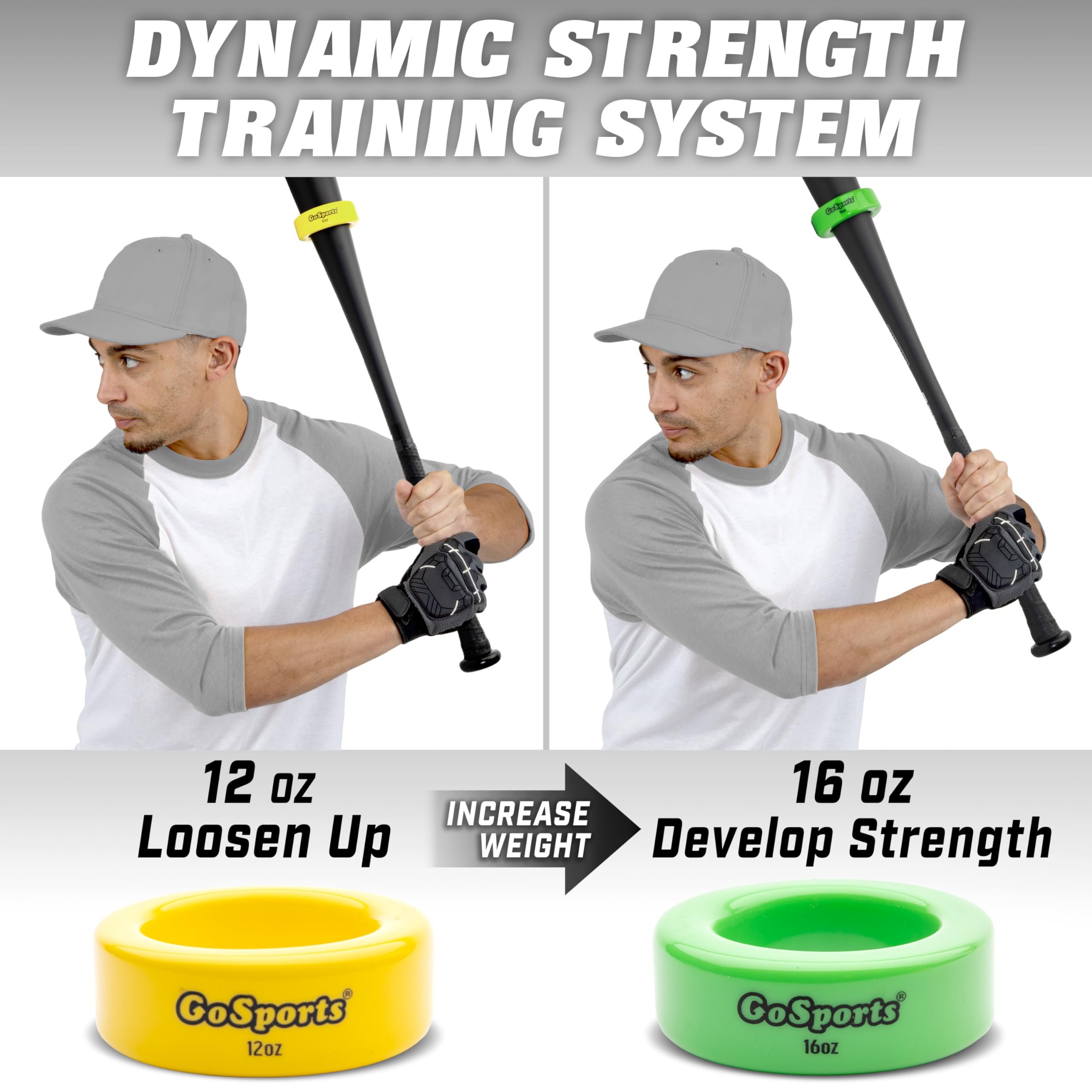 GoSports Baseball and Softball Bat Weights - 2 Pack Baseball Donuts - 16 oz & 12 oz
