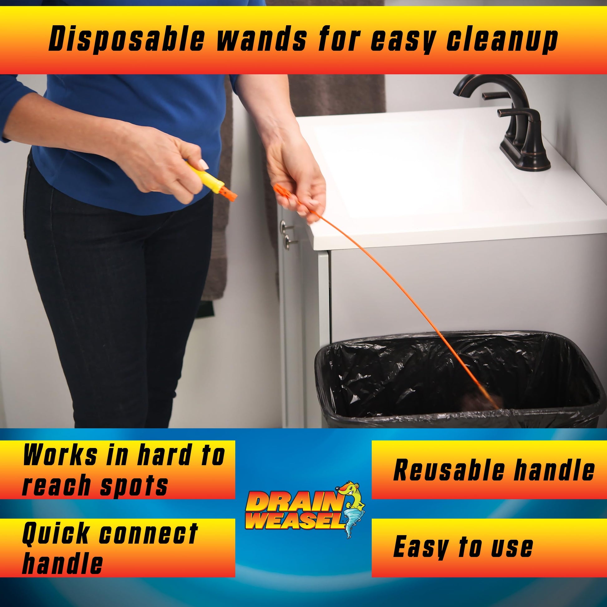 FlexiSnake Drain Weasel Sink Snake Hair Clog Remover Tool, Pipe, Bathroom, Bathtub Cleaner, 18-inch, Made in the USA, 5 Wands and Removable Handle