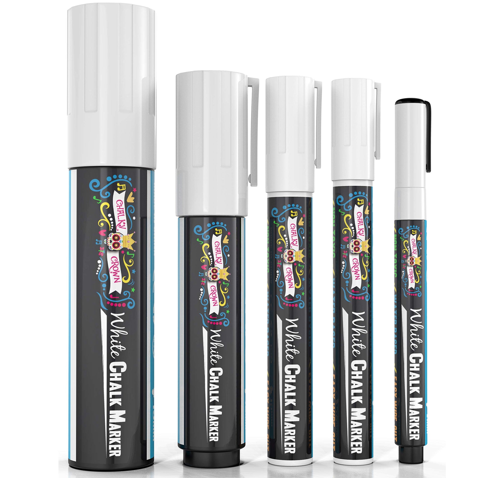 CHALKY CROWN 5pc White Chalk Markers - Non-Toxic Liquid Chalkboard Markers, White Liquid Chalk Marker for Windows, Glass - 1, 3, 6, 10, 15mm Tips