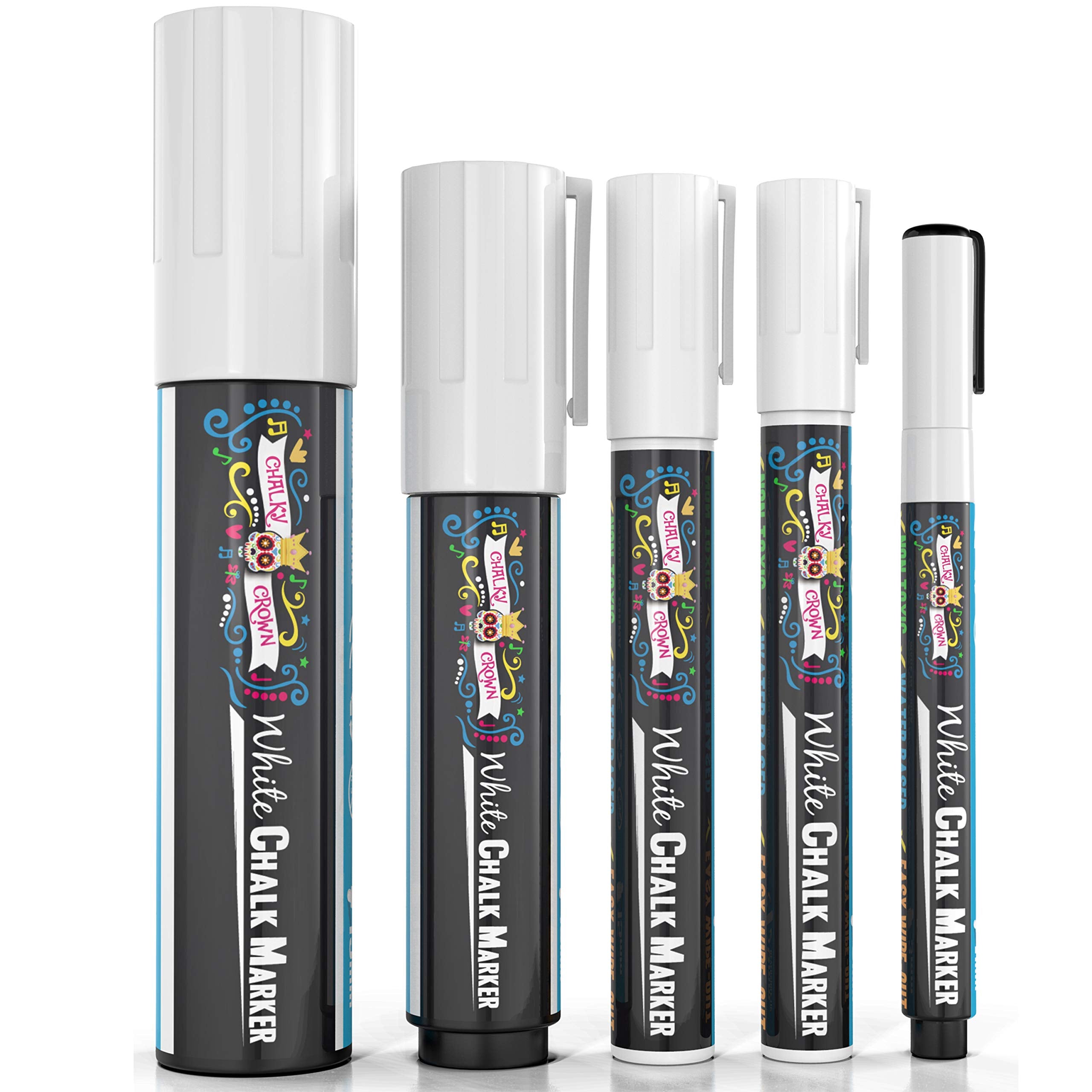CHALKY CROWN 5pc White Chalk Markers - Non-Toxic Liquid Chalkboard Markers, White Liquid Chalk Marker for Windows, Glass - 1, 3, 6, 10, 15mm Tips