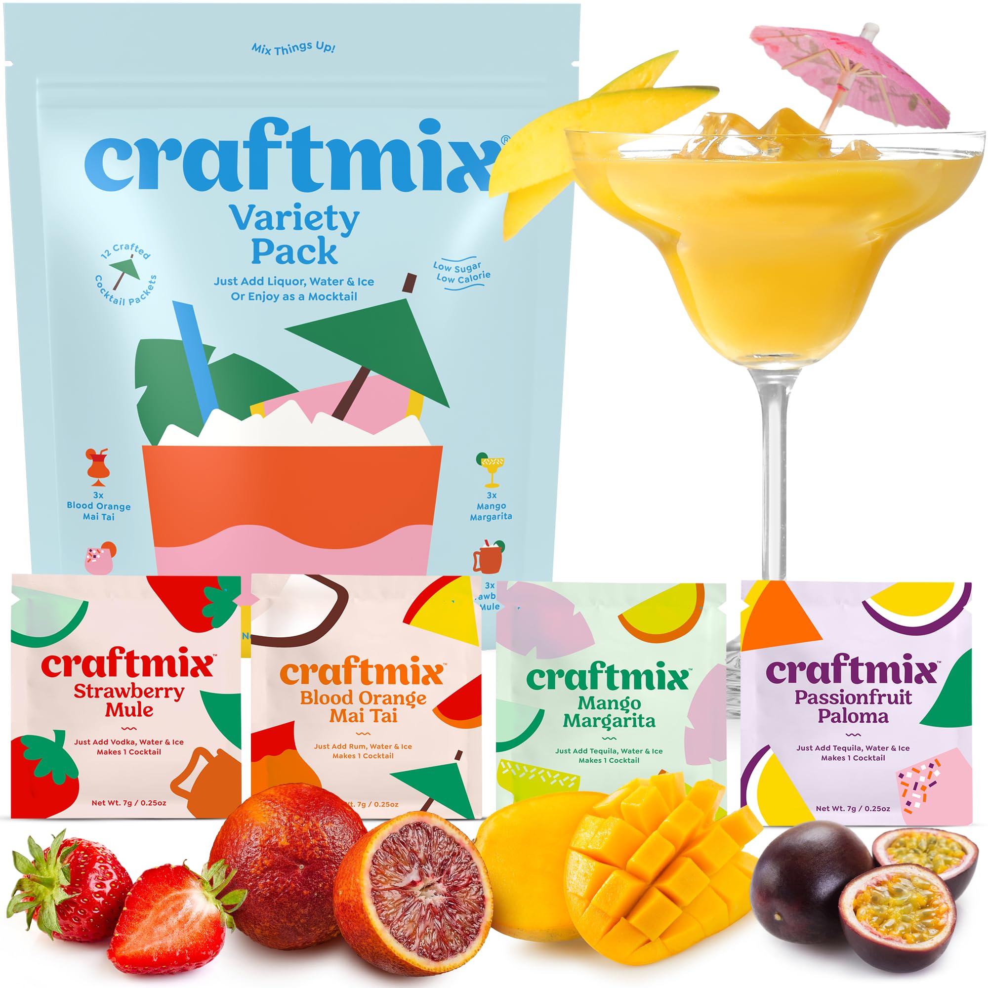 Craftmix Variety Pack, Makes 12 Drinks, Skinny Cocktail Mixers, Mocktails Non-Alcoholic Drinks - Made With Real Fruit - Vegan Low-Carb, Low-Sugar, Non-GMO, Dairy Free, Gluten Free, Easy to Mix