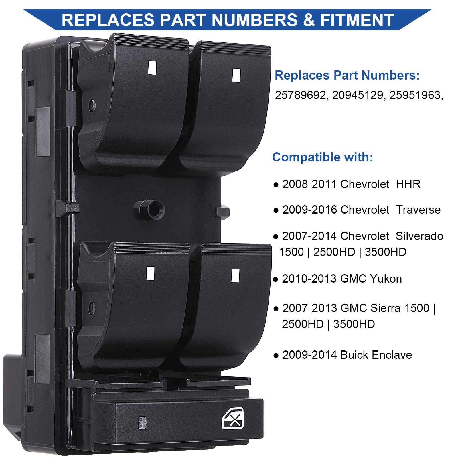 Obaee Driver Side Power Master Window Switch, Compatible with Chevy Silverado/Chevrolet Traverse/HHR/2007-2013 GMC Sierra/Yukon/Buick Enclave Replace OE 20945129 25789692
