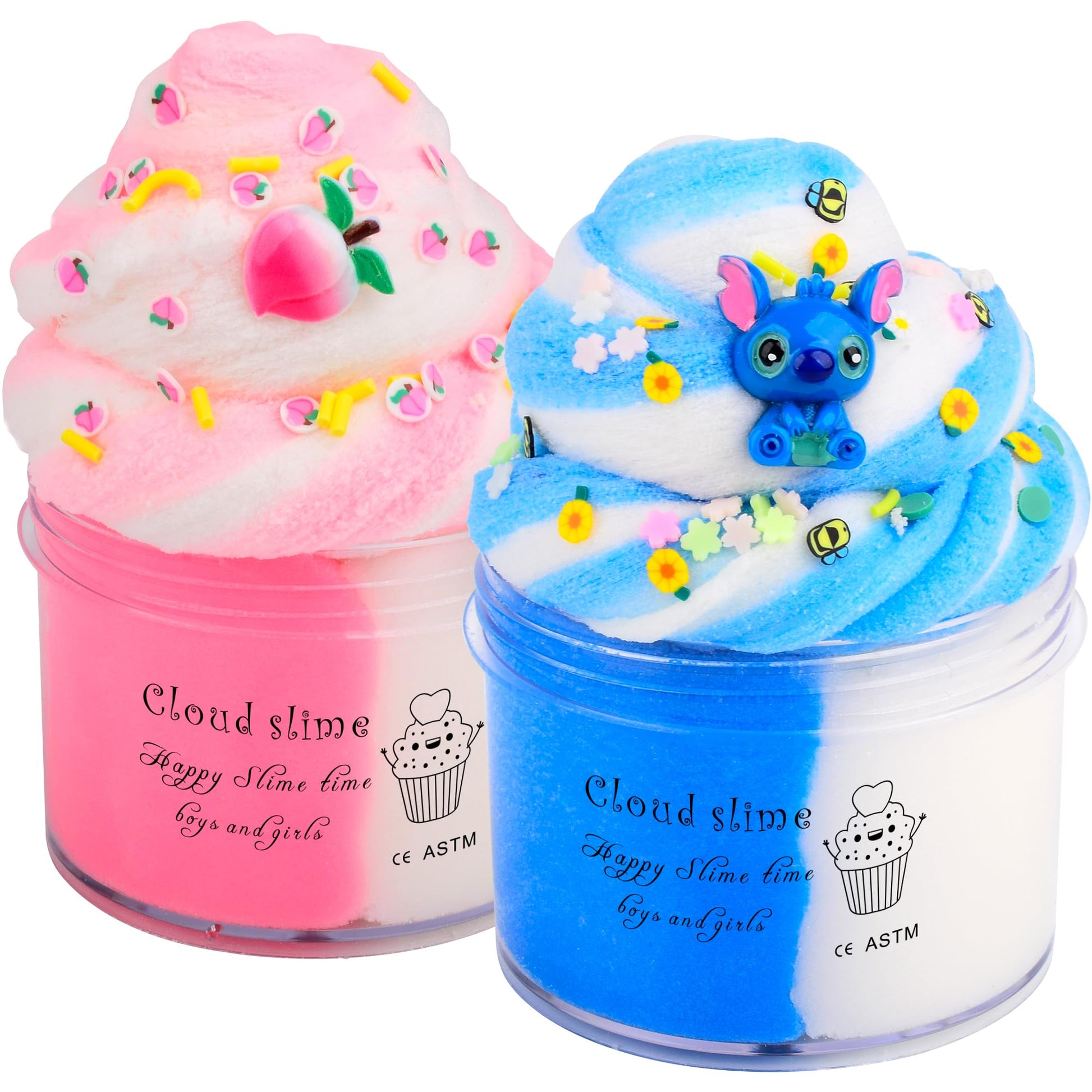 2 Pack Cloud Slime Kit with Blue Cake and Pink Peachy Babies Charms, Scented DIY Slime Supplies for Girls and Boys, Stress Relief Toy for Kids Education, Party Favor, Gift and Birthday