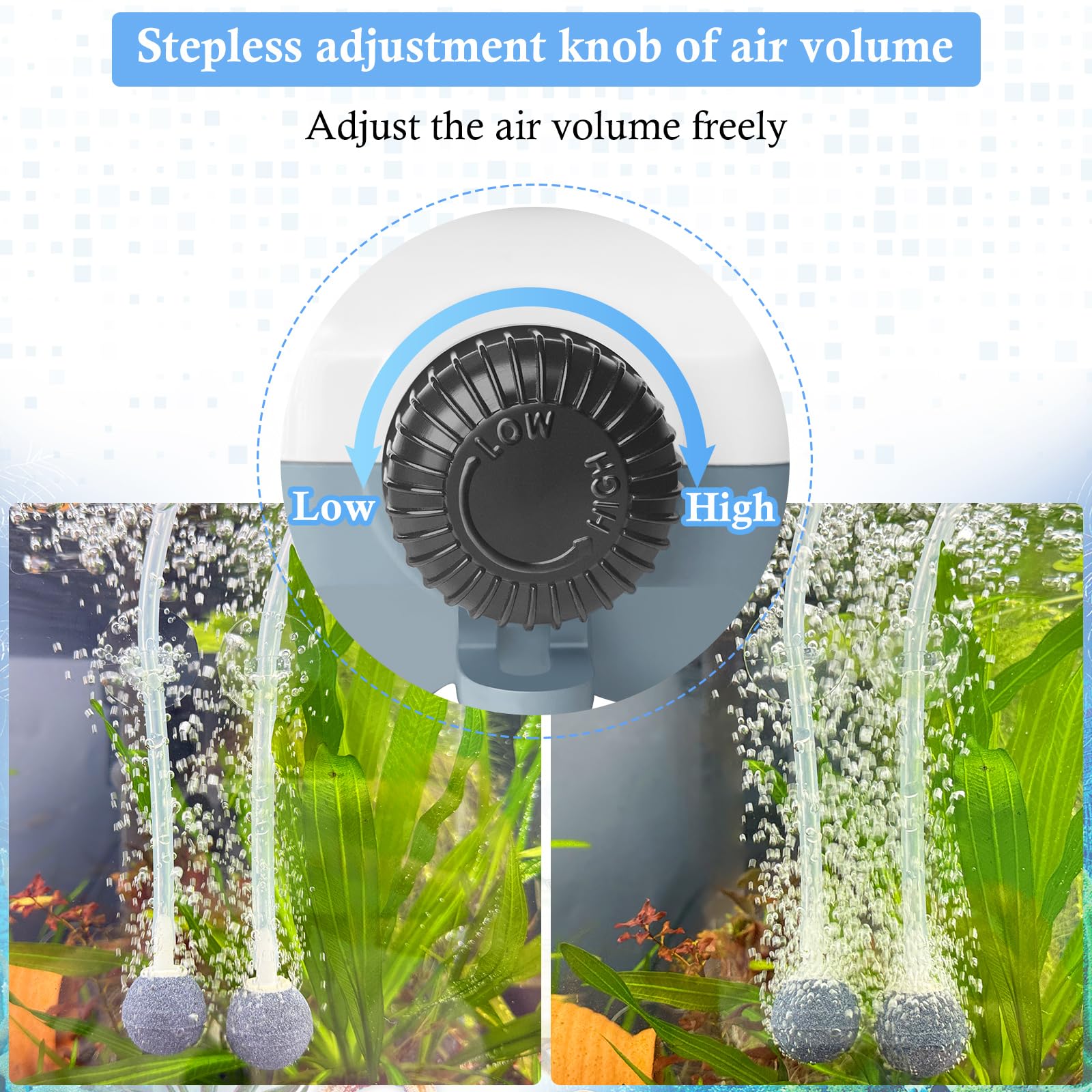 HITOP Dual Outlet Aquarium Electric Air Pump, Whisper Adjustable Fish Tank Aerator, Quiet Oxygen Pump with Accessories for 20 to 100 Gallon