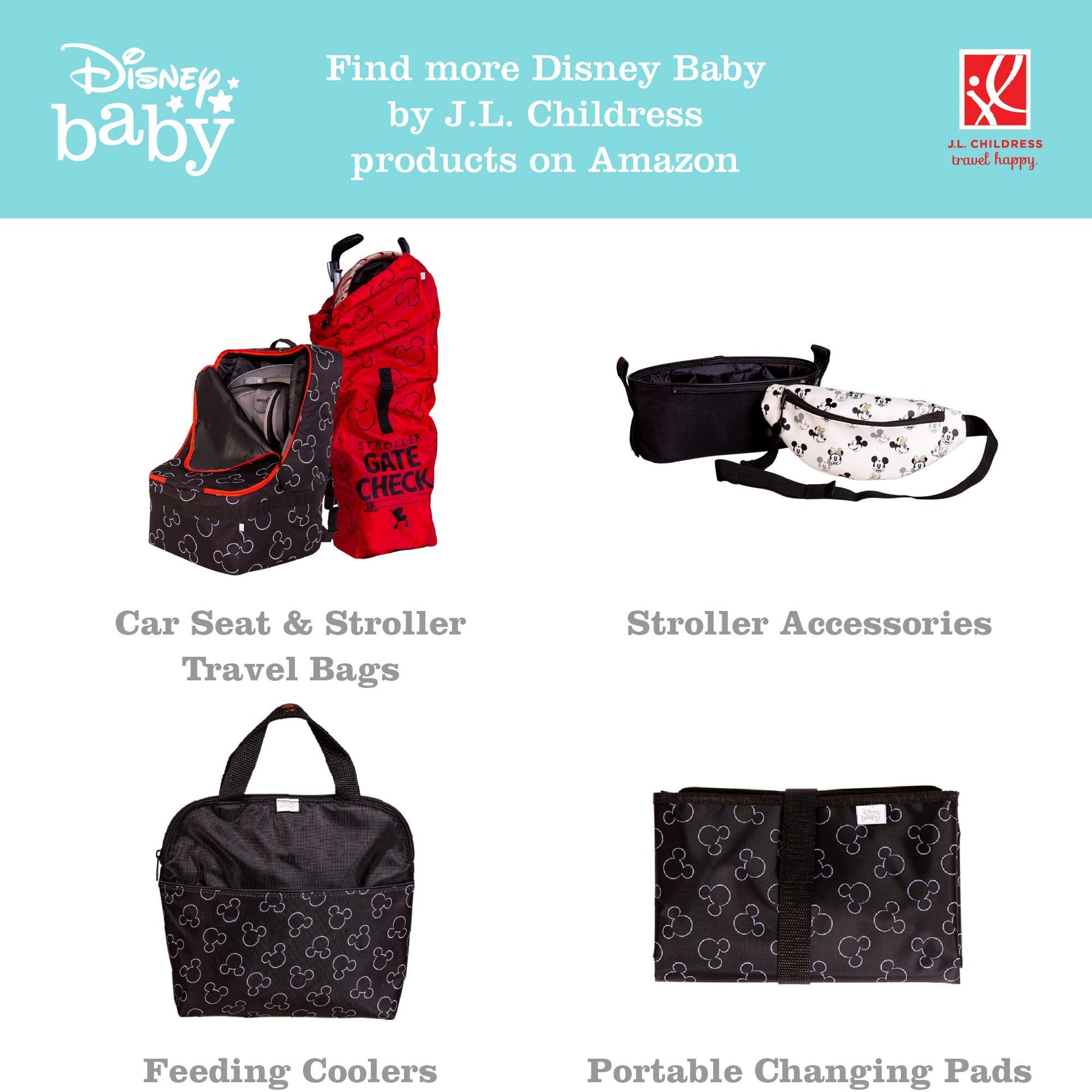 J.L. Childress Disney Baby Side Sling Stroller Cargo Net - Stroller Organizer Attachment for Storage, Mesh Bag for Baby Accessories, Universal Fit - Mickey, Black