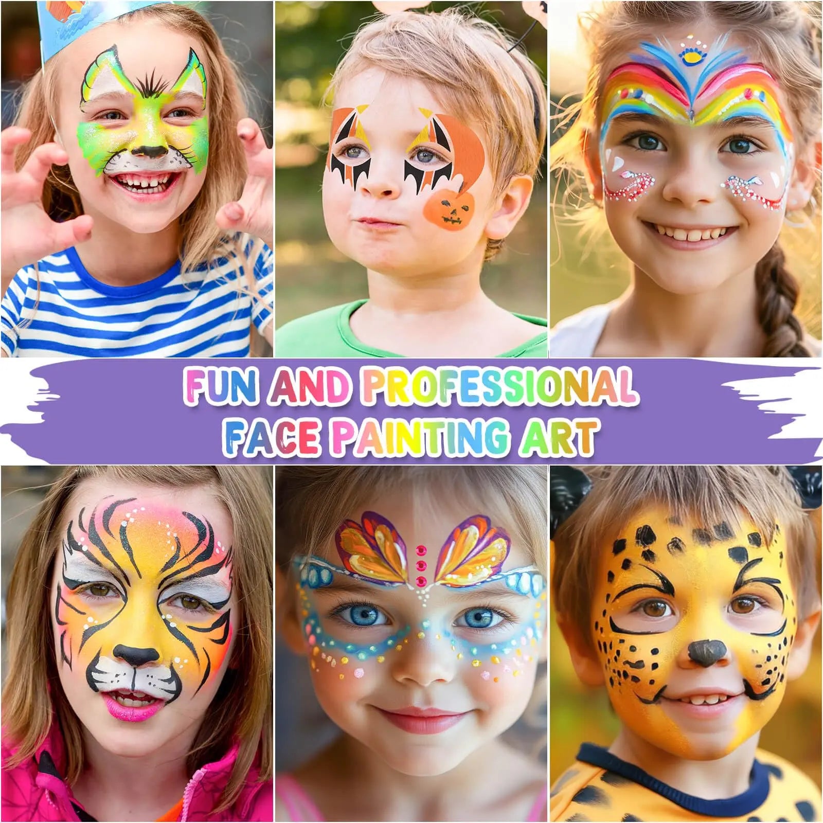 Flasoo Kids Face Painting Kit - 42 Non-Toxic Colors, 16 Crayons, 6 Reusable & 40 Sticky Stencils for Parties & Halloween