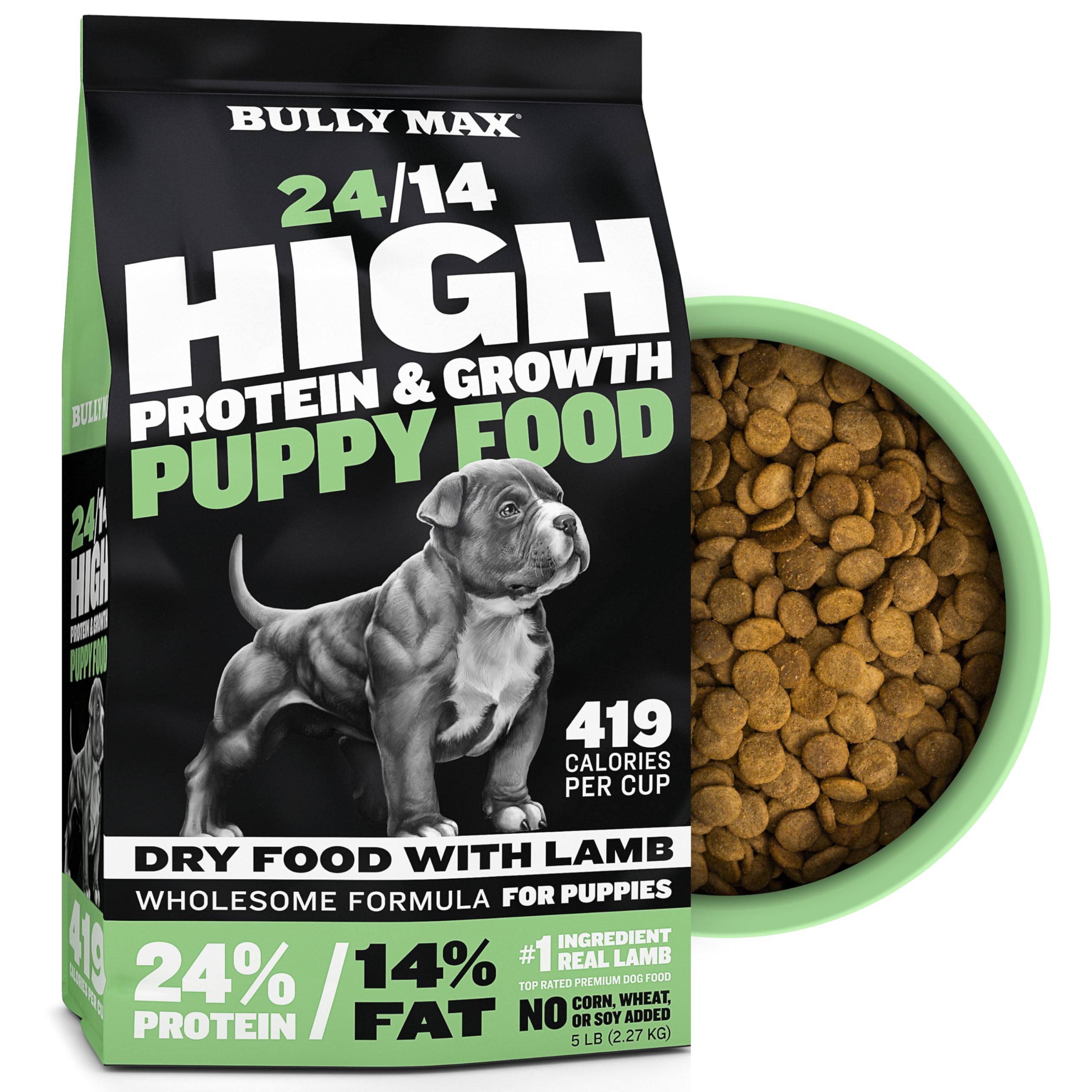 Bully Max Welpenfutter 24/14 Hoher Protein- und Wachstumsanteil – Trockenfutter für Hunde mit Lamm und Reis für kleine Hunde und Welpen großer Rassen – Natürliches, langsam gegartes, magenschonendes Tierfutter, 2,27 kg Beutel