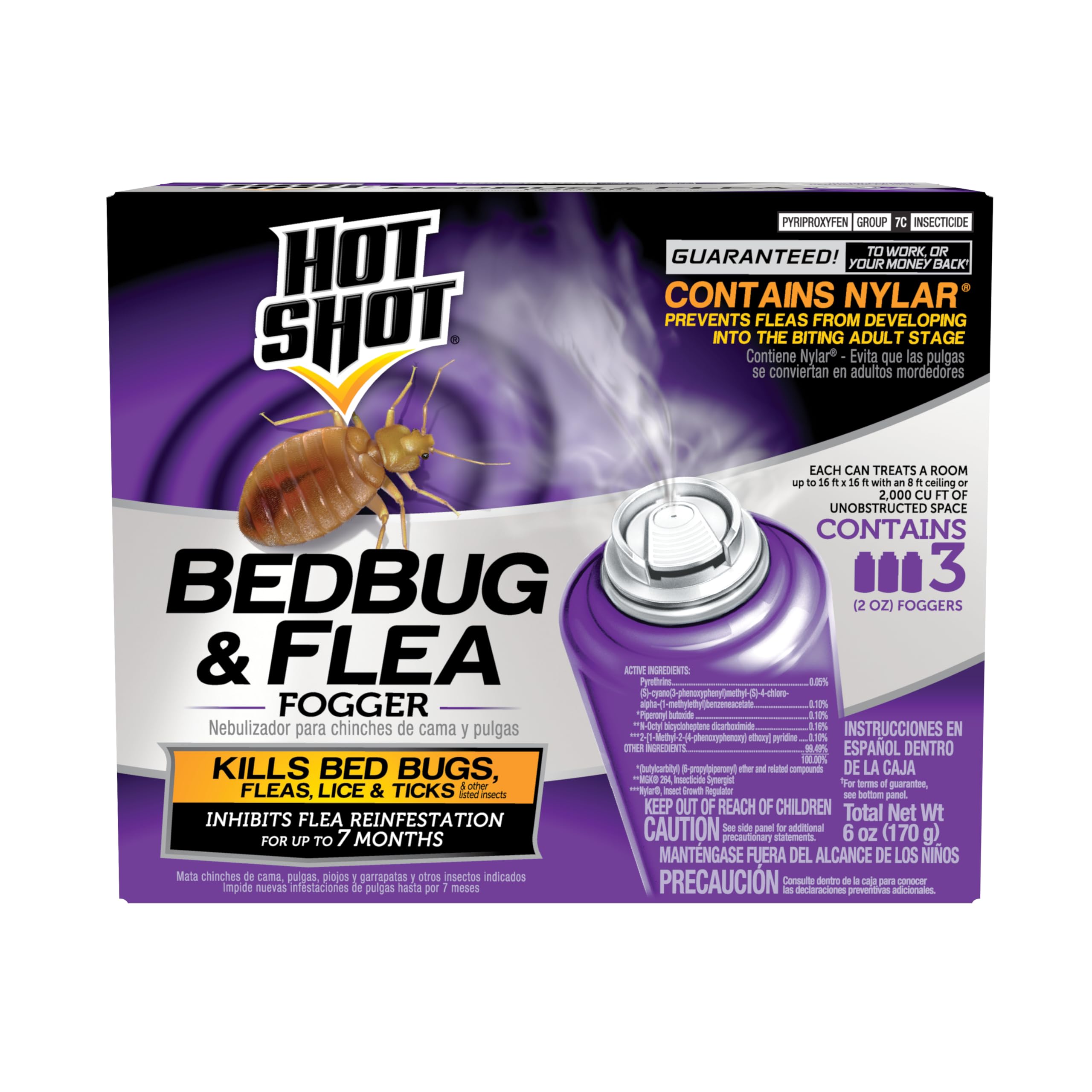 Hot Shot BedBug- und Floh-Vernebler, 3 x 2 Unzen Dosen, mit Nylar, hemmt den Flohbefall