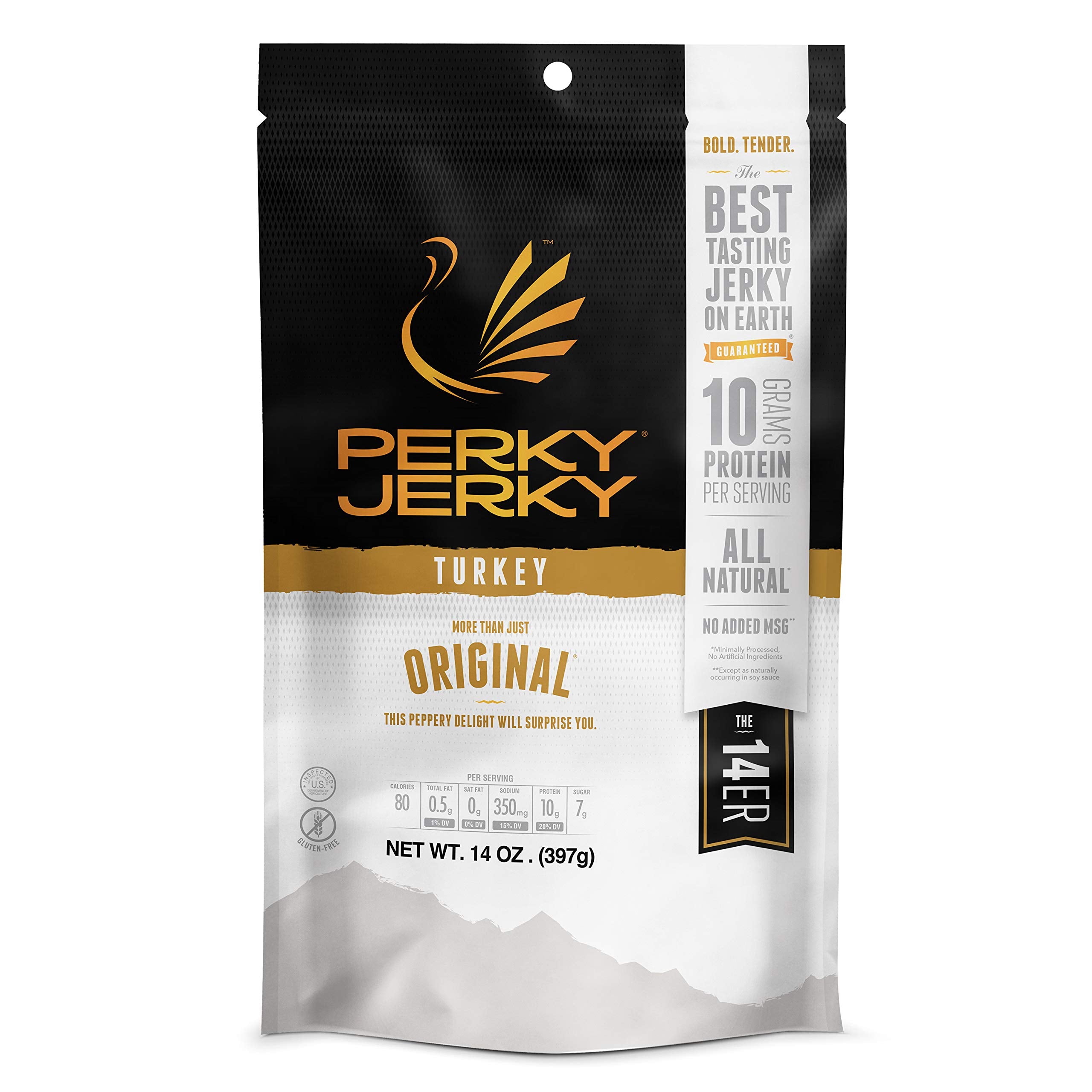 Perky Jerky Original Turkey Jerky, 14oz - Low Sodium - 10g Protein per Serving - Low Fat - 100% U.S. Sourced - Handcrafted, Tender Texture and Bold Flavor