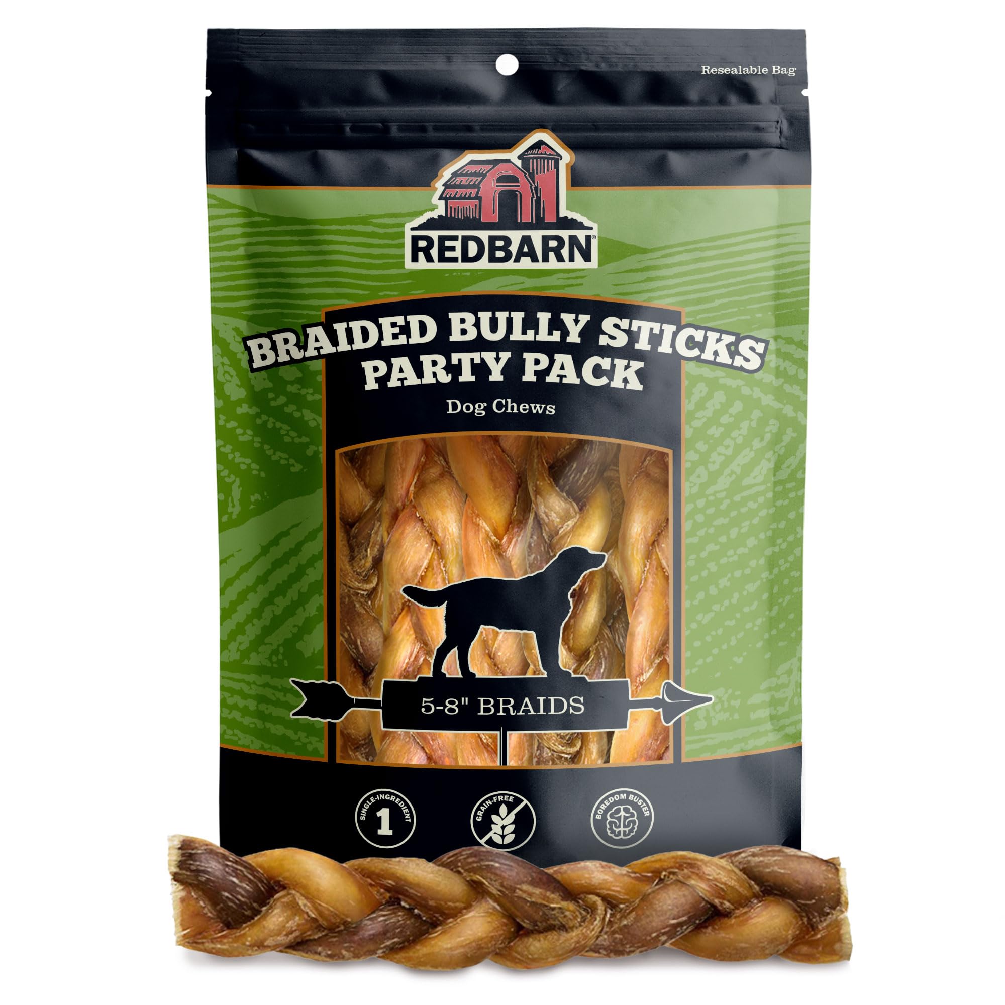 Redbarn Pet Products All Natural 8-12" Braided Bully Sticks for Medium & Large Dogs - Healthy Long Lasting Beef Chews Variety Party Pack - Single Ingredient Low Odor Rawhide Free - 1 lb Bag