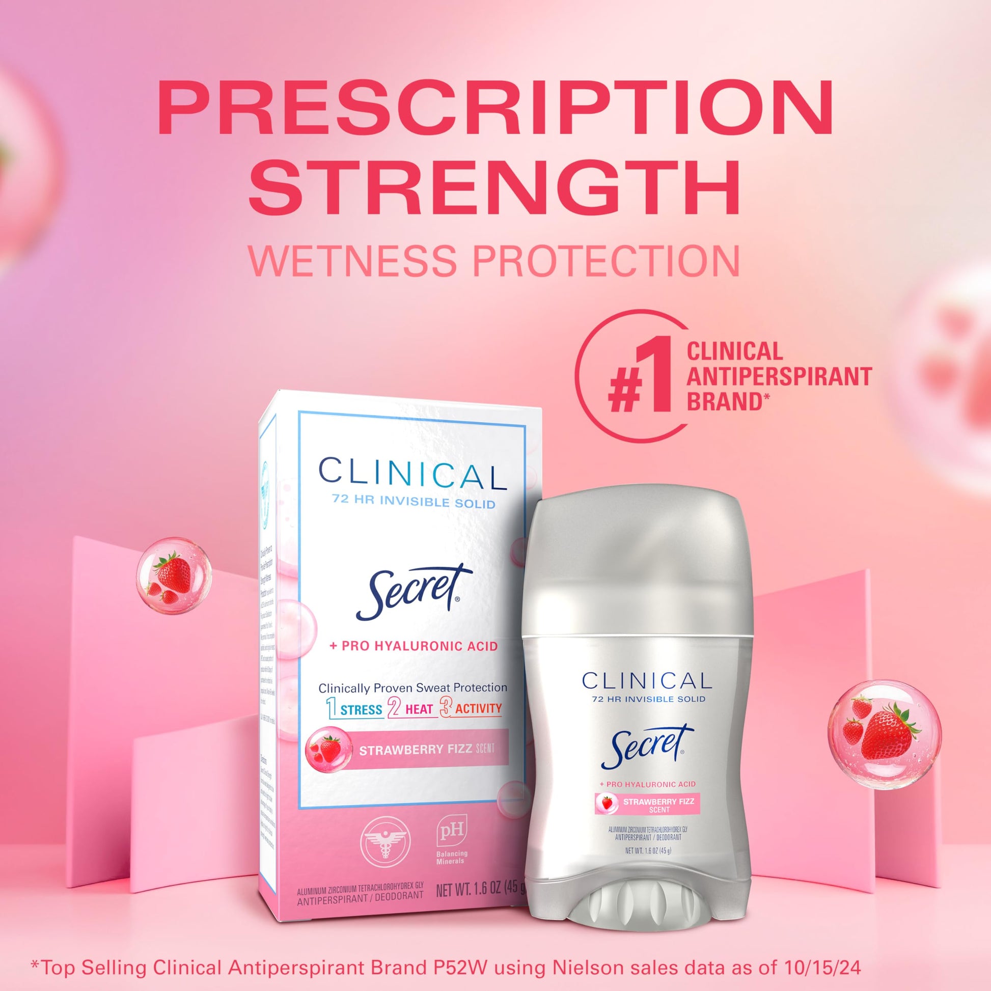 Secret Clinical Strength Antiperspirant Deodorant for Women, 3X Stress Protection, 72hr Sweat & Odor Protection, Pro-Hyaluronic Acid, Invisible Solid, Strawberry Summer Fizz Scent, 1.6 oz
