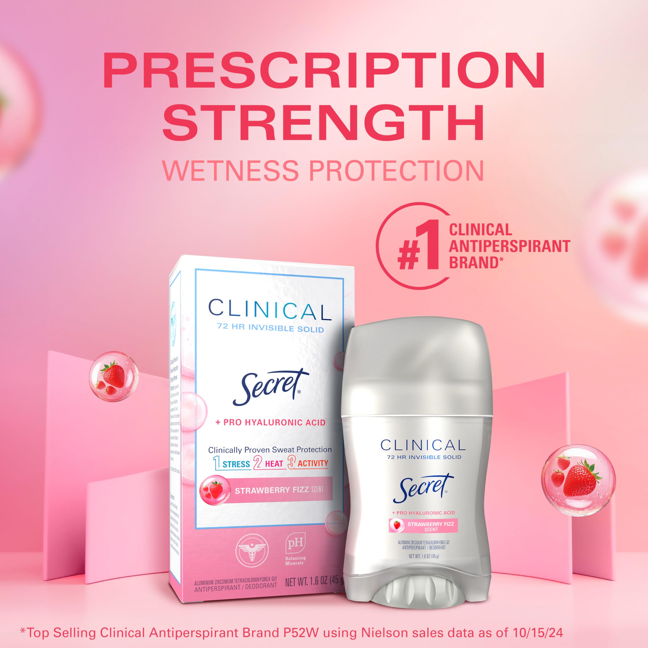Secret Clinical Strength Antiperspirant Deodorant for Women, 3X Stress Protection, 72hr Sweat & Odor Protection, Pro-Hyaluronic Acid, Invisible Solid, Strawberry Summer Fizz Scent, 1.6 oz