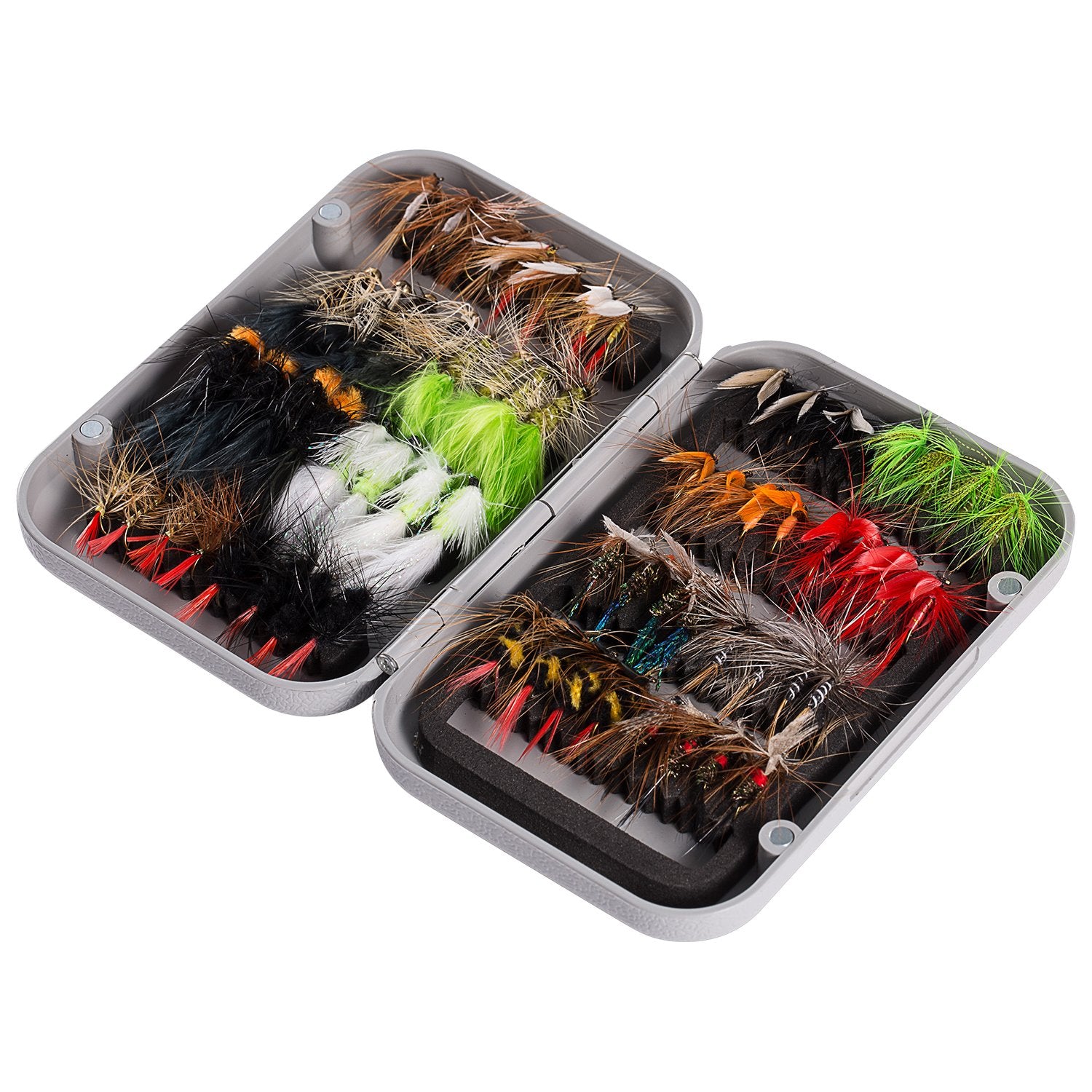 BASSDASH Fliegenfischen-Sortiment, 64-teilig, mit Trocken- und Nassfliegen, Nymphen, Streamern, Terrestrials, Blutegeln und mehr, inklusive magnetischer Fliegenbox