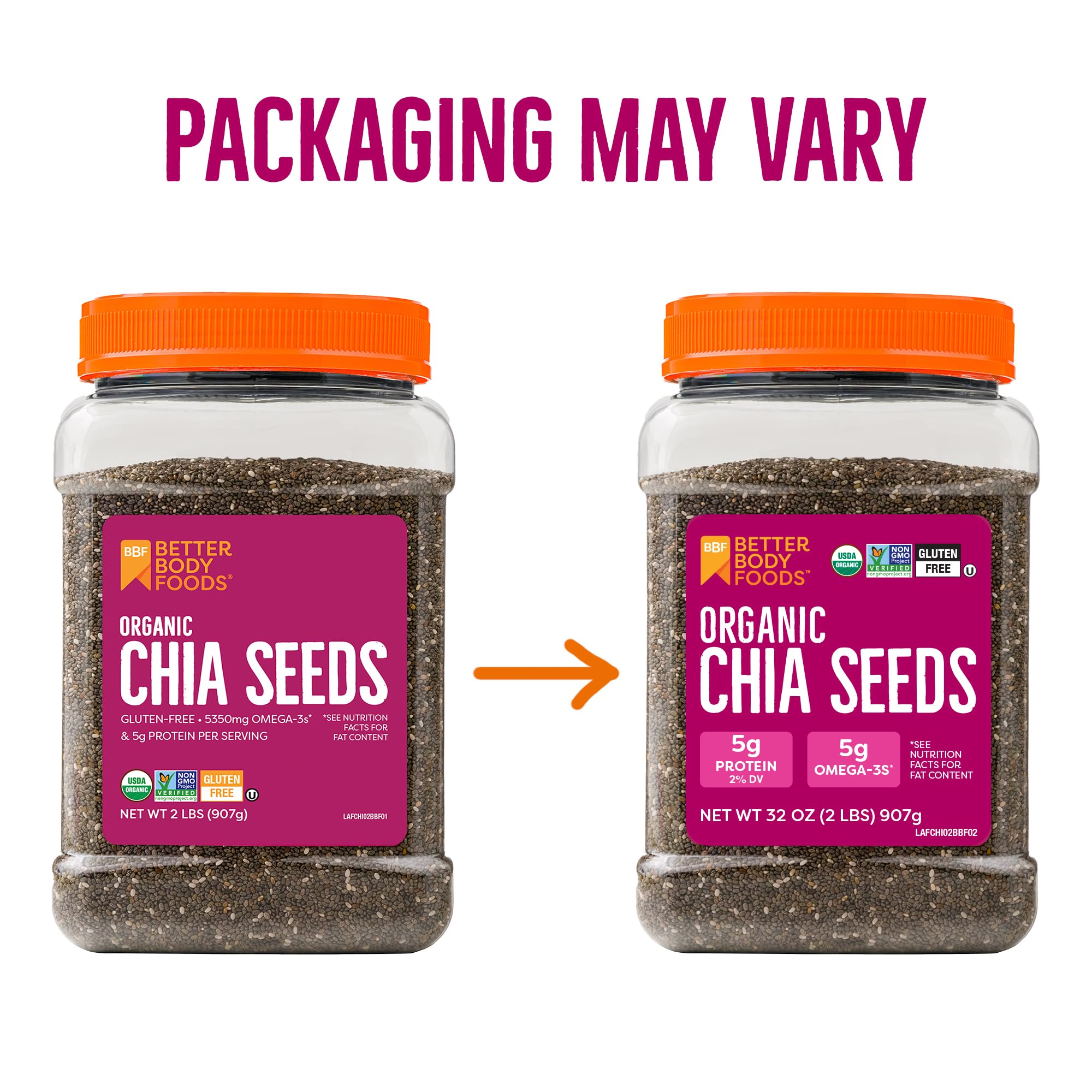 BetterBody Foods Organic Chia Seeds 2 lbs, 32 Oz, with Omega-3, Non-GMO, Gluten Free, Keto Diet Friendly, Vegan, Good Source of Fiber