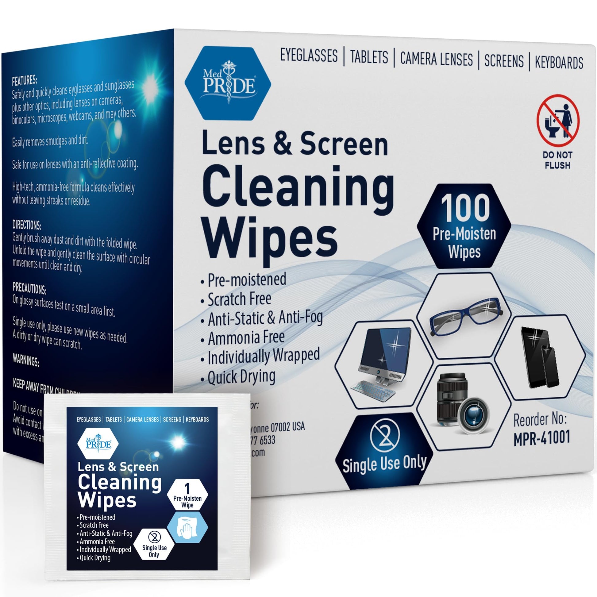 MED PRIDE Premoistened Lens Wipes| Anti-Static, Anti-Fog, Quick-Dry & Scratch-Free| Cleaning Cloths for LED Touch Screen, iPhones, iPads, Computer Monitors, Eyeglasses, Camera Lenses, Laptop (200)
