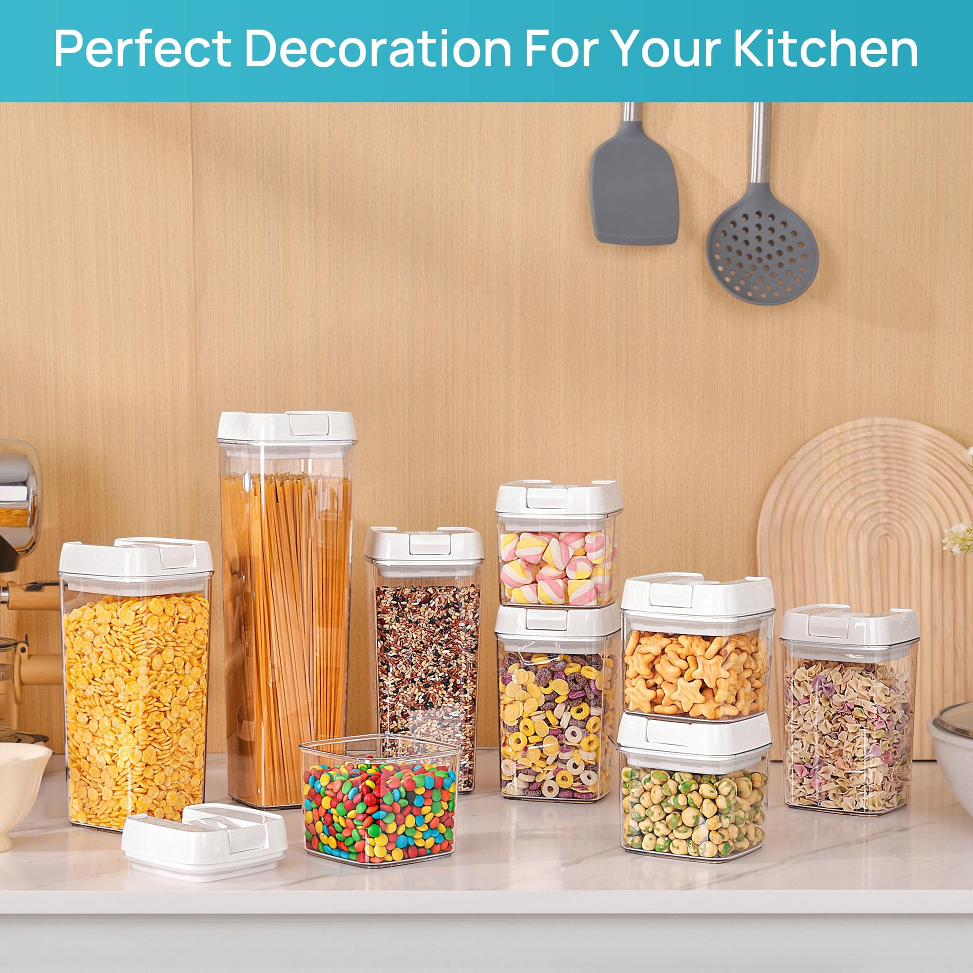 Vtopmart Airtight Food Storage Containers, 7 Pieces BPA Free Plastic Cereal Organizer Canisters with Easy Lock Lids, for Kitchen Pantry Organization, 24 Labels, White