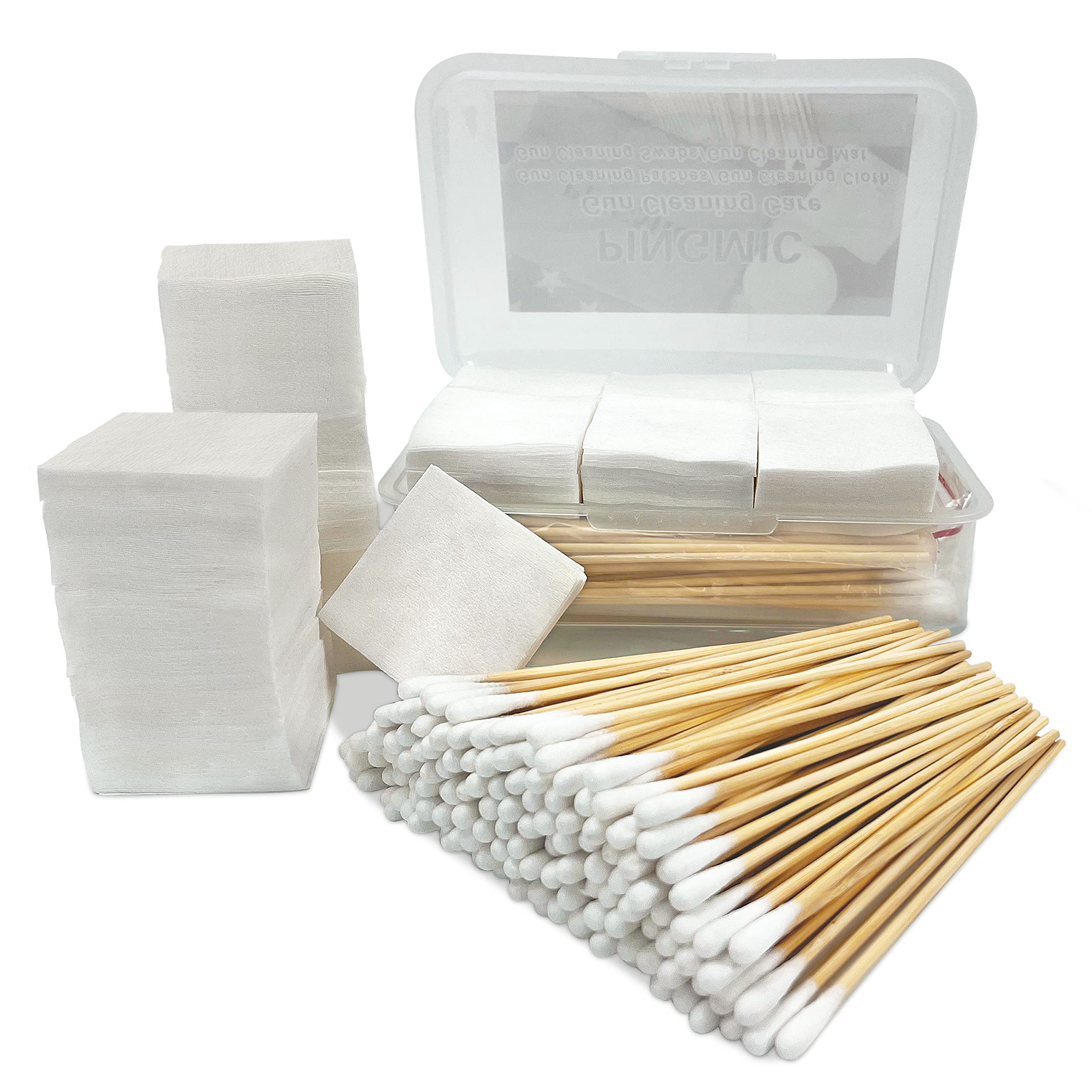 Waffenreinigungszubehör in Aufbewahrungsbox – 300 Stk. Waffenreinigungspatches und 200 Stk. lange Wattestäbchen, 15,2 cm Wattestäbchen, 5x5 cm fusselfreie Tücher, passend für die meisten Kaliberwaffen .30/.38 Cal/ 9 mm