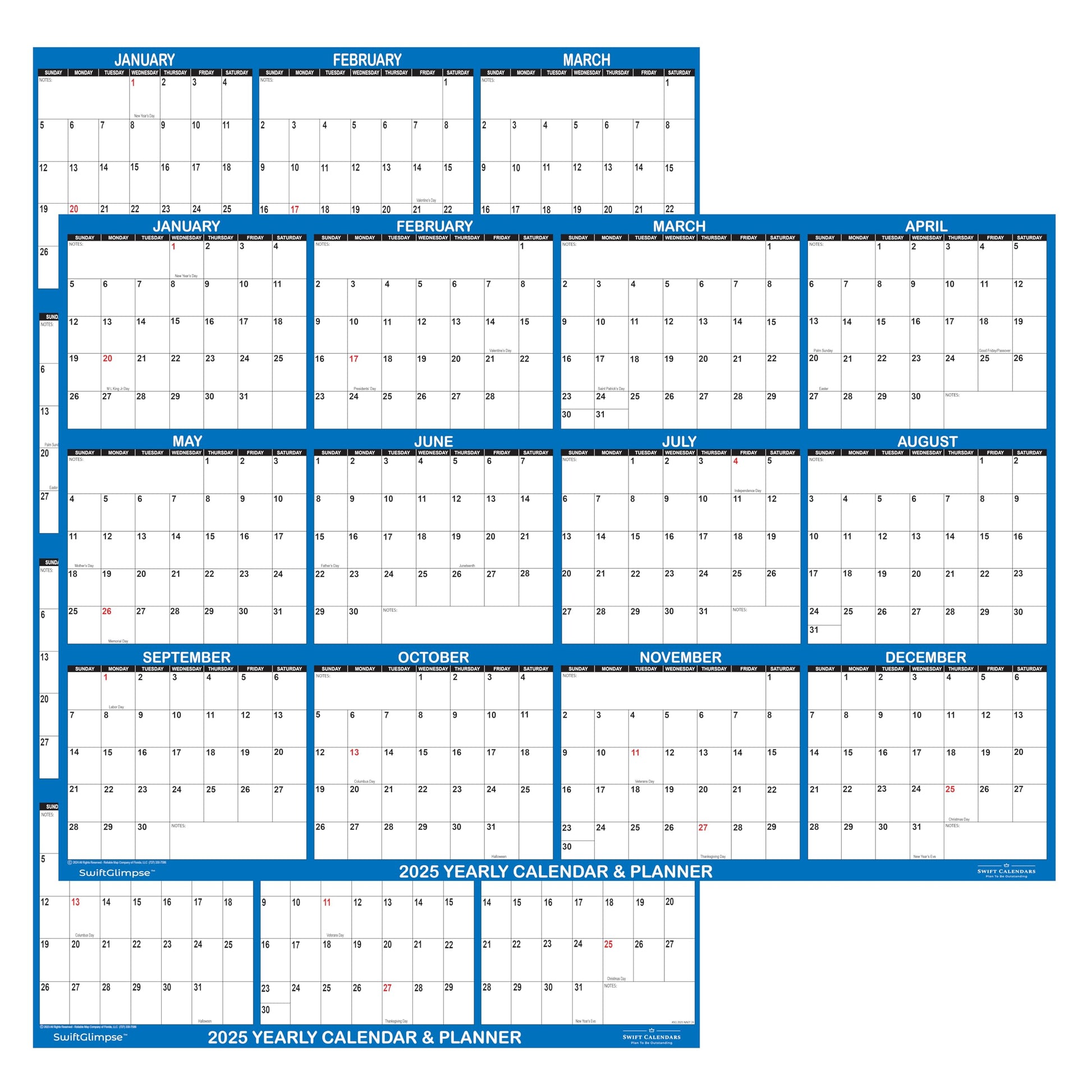 18" x 24" SwiftGlimpse 2025 Wall Calendar Erasable Large Wet & Dry Erase Laminated 12 Month Annual Yearly Wall Planner, Reversible, Horizontal/Vertical, Navy