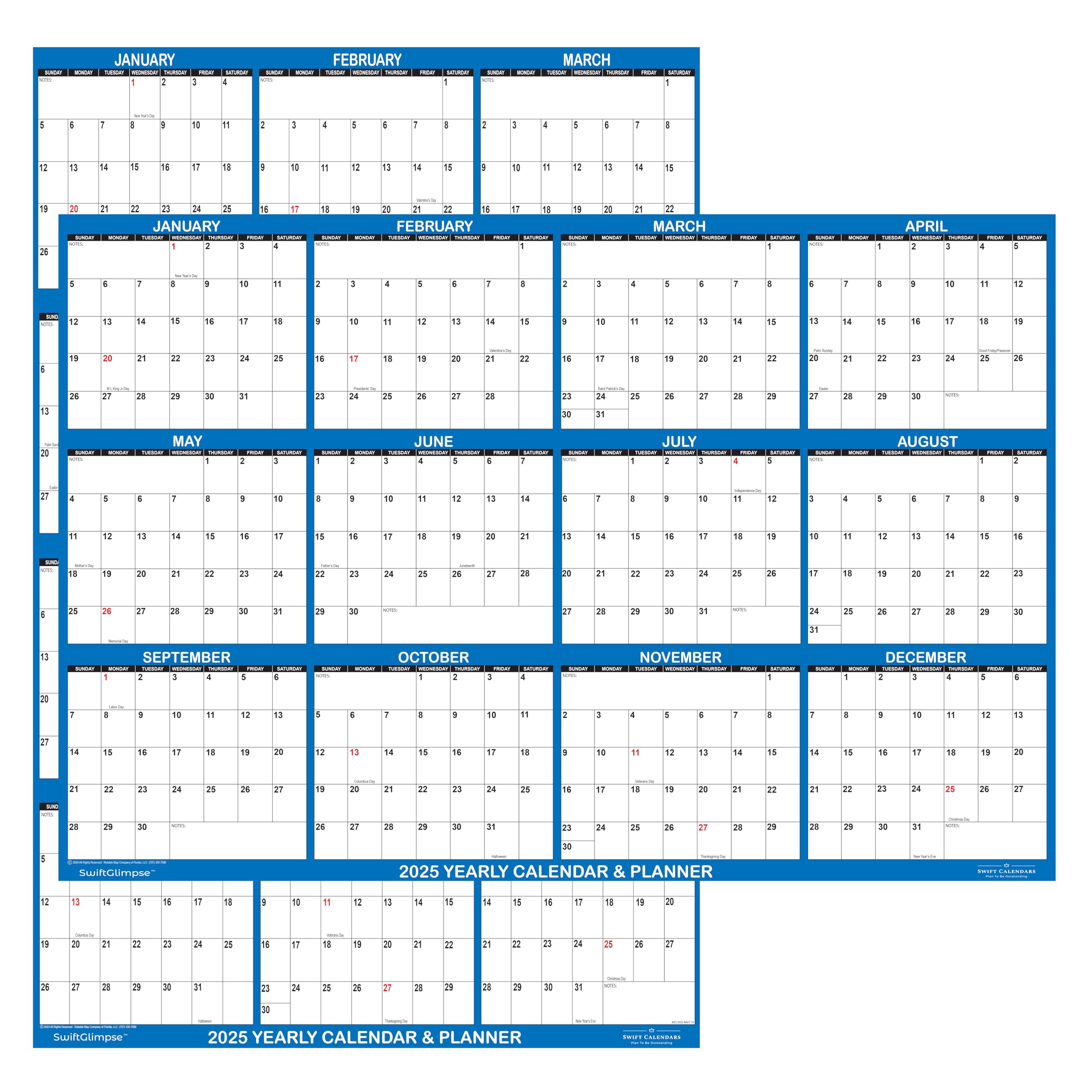 18" x 24" SwiftGlimpse 2025 Wall Calendar Erasable Large Wet & Dry Erase Laminated 12 Month Annual Yearly Wall Planner, Reversible, Horizontal/Vertical, Navy