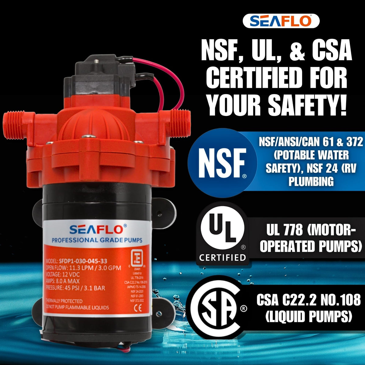 SEAFLO 33 Series 12V DC RV/Camper/Boat/Off-Grid Fresh Water Pressure Pump -12V, 3.0 GPM, 45 PSI, On Demand Self-Priming, Built-In Pressure Switch - NSF, CE & Rohs Certified, UL Listed, 4-Year Warranty
