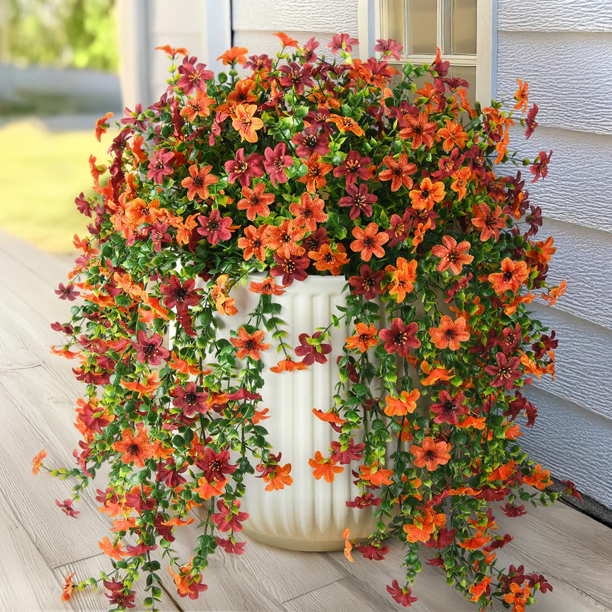 Artificial Fall Fake Flowers for Outdoor Fall Decoration,2 Pcs Faux Hanging Flowers Outdoor Fall Decor,UV Resistant Look Real Faux Mums Silk Flower for Outside Home Porch Patio Yard Balcony Planter