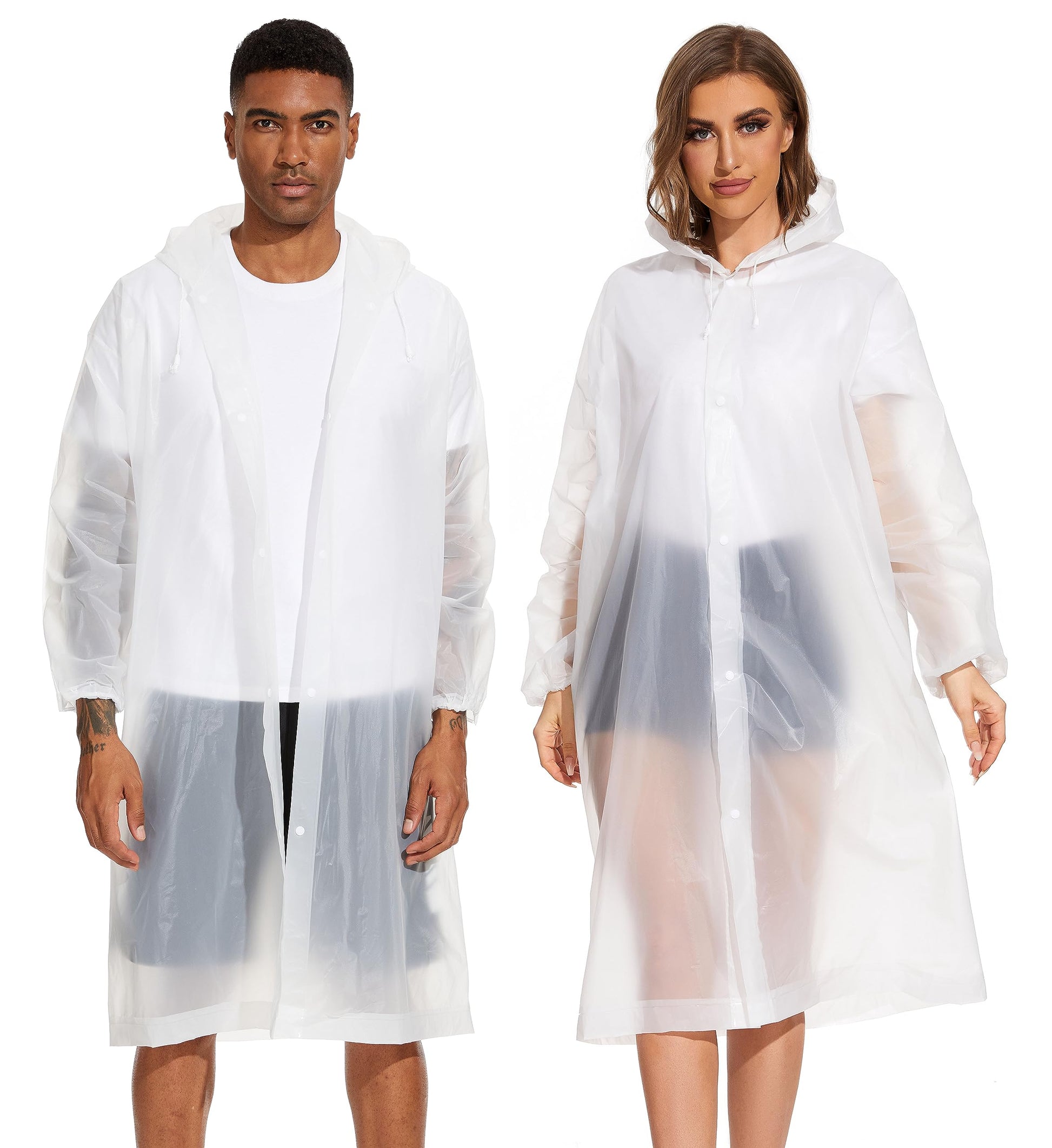 2-Pack Reusable Rain Ponchos for Adults - Hooded Raincoats for Women/Men with Drawstring (White)