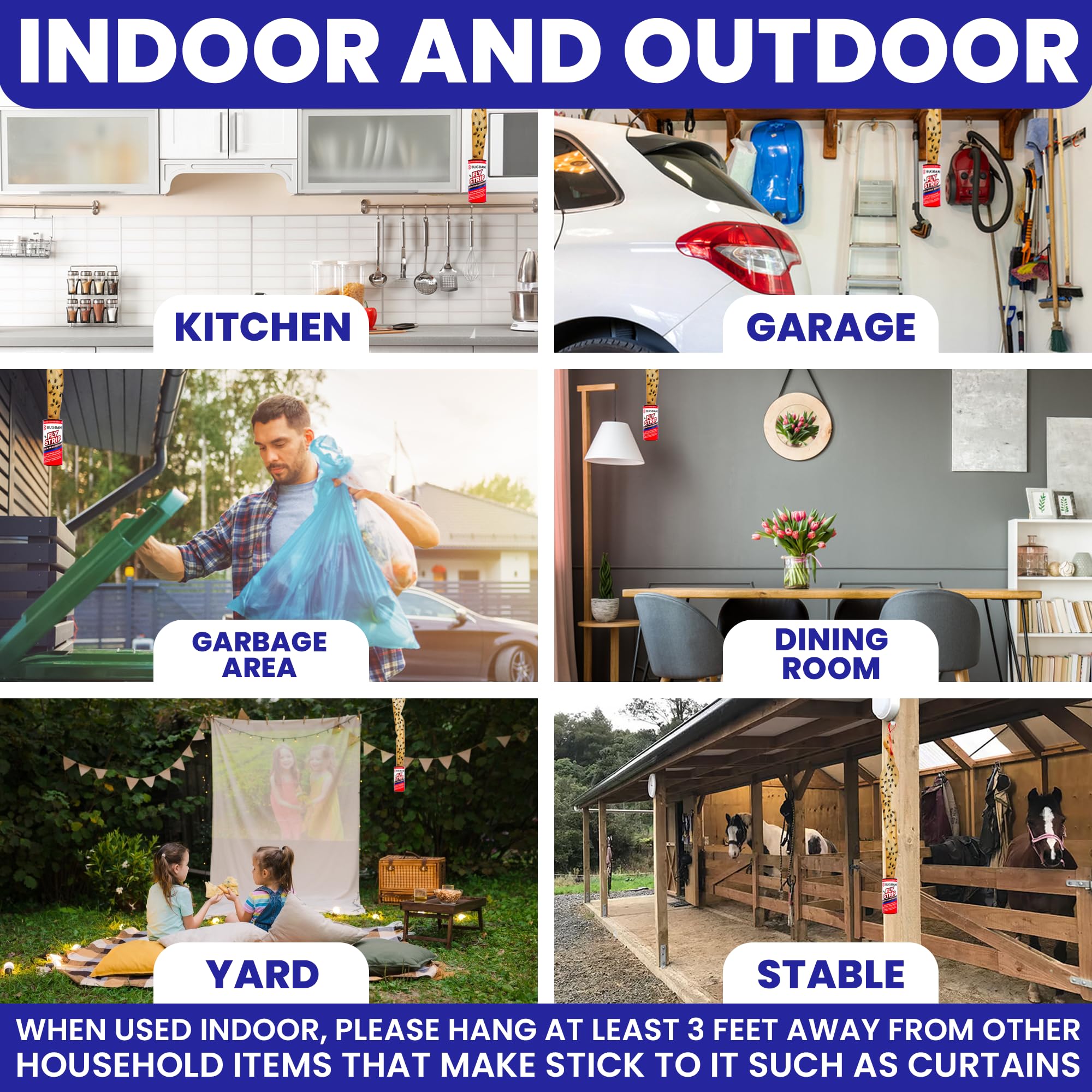 Fly Strips Indoor Sticky Hanging 24pk with Pins. Non Toxic Outdoor Fly Trap Indoor for Home. Flies Tape Paper Trap Ribbon Roll for House Gnat Fruit and Housefly. Bug Catchers for Inside Home Flypaper