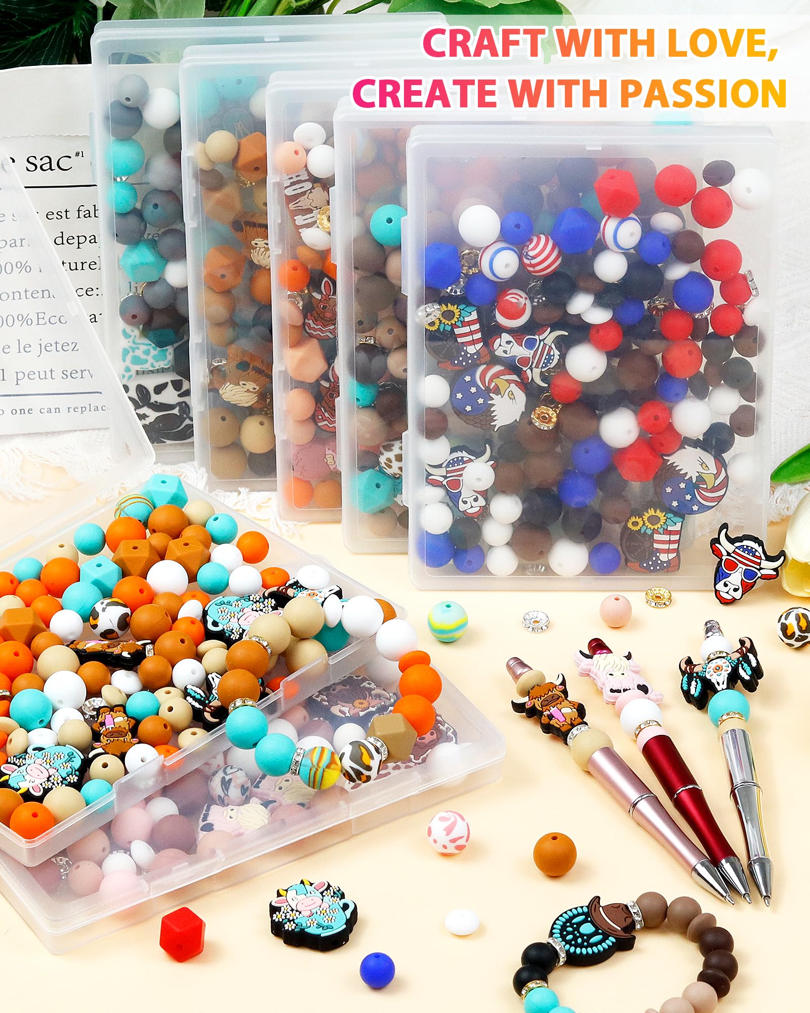 112PCS FIVEIZERO 12mm 15mm Cow Focal Silicone Beads for Keychain Making, Round, Lentil, Hexagonal, Print, 10mm Rhinestone Rondelle Spacers Beads for Bracelet, Pens, Necklace Crafts(Pink Brown)