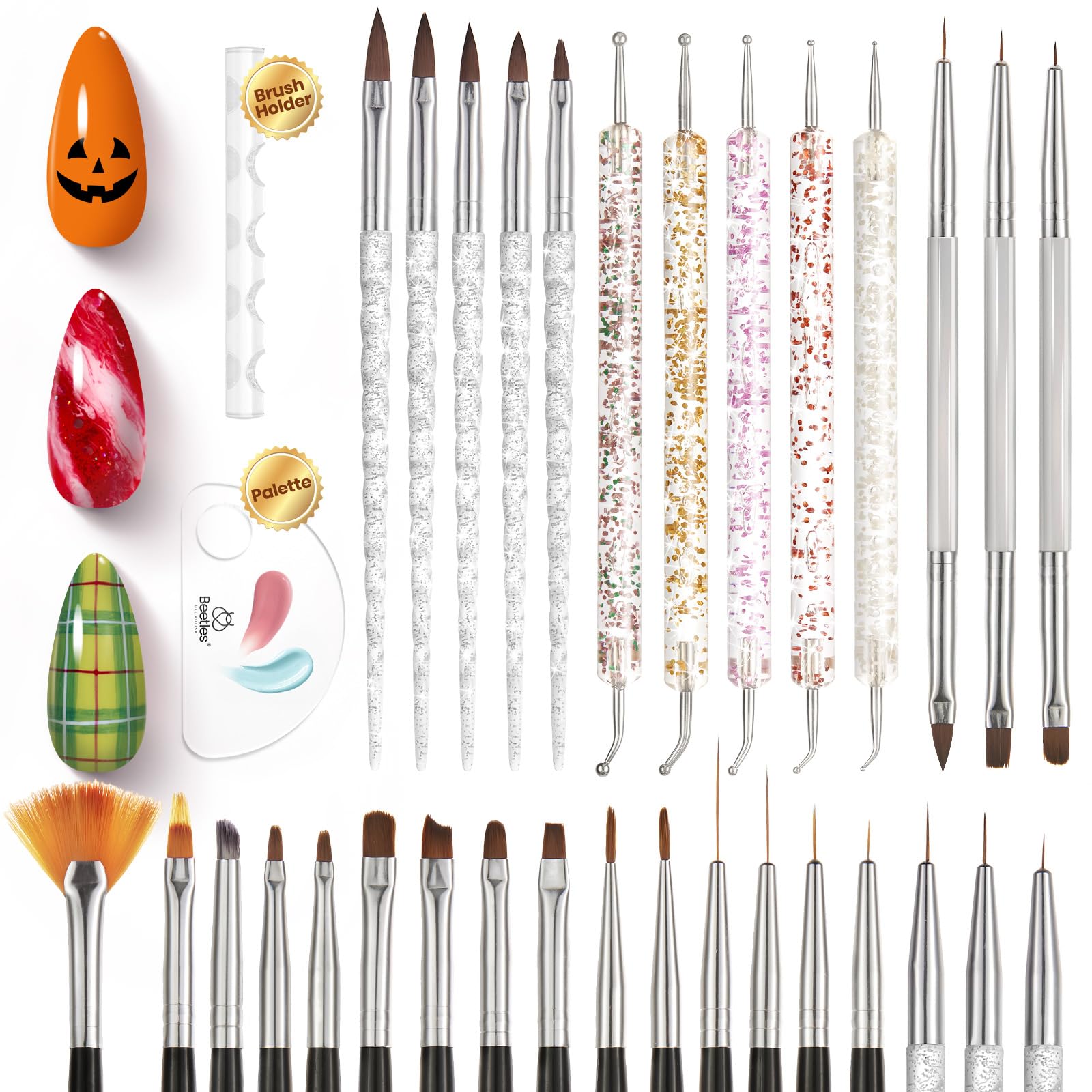 Beetles 31pcs Nail Art Brushes, Dotting Tools, Nail Art Pens, Dust Brush, Striping Liner Fingernail Drawing Pens with Palette Holder All in One for Starter Manicure Design Set