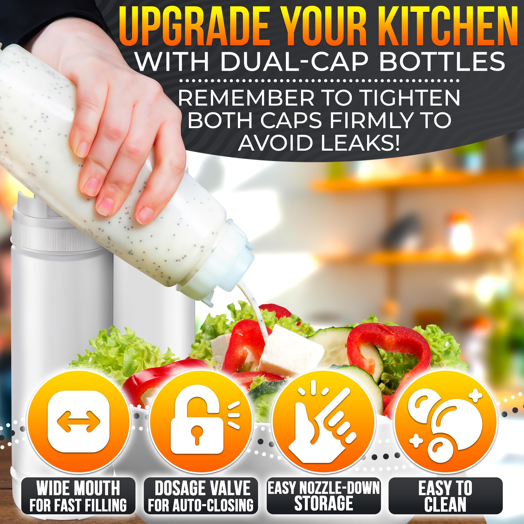 Set of 6 Condiment Squeeze Bottles for Sauces 16 oz – Easy-to-Fill Clear Bottles with Self-Closing Valve | Ready-to-Dispense for Dressings, Ketchup, Mustard & More, Durable, Reusable, Mess-Free Design