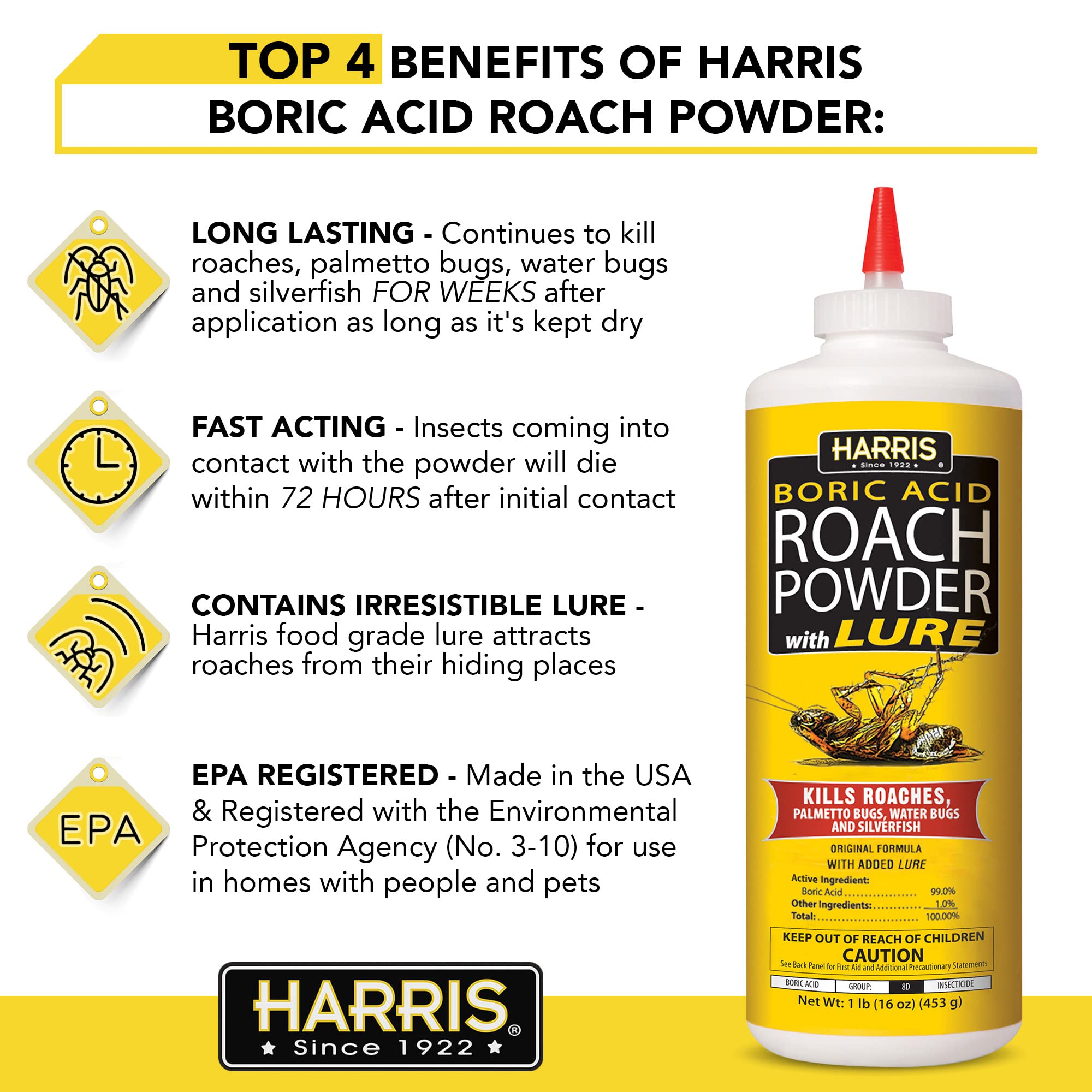 HARRIS Boric Acid Roach and Silverfish Killer Powder w/Lure for Insects (16oz)