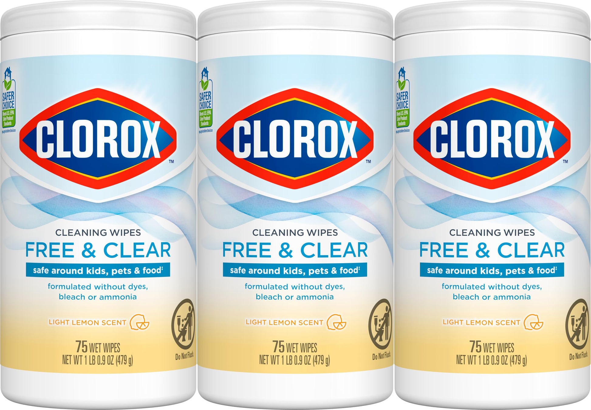 Clorox Free & Clear Cleaning Wipes, Light Lemon Scent, 75 Count, Pack of 3 (Pack May Vary)