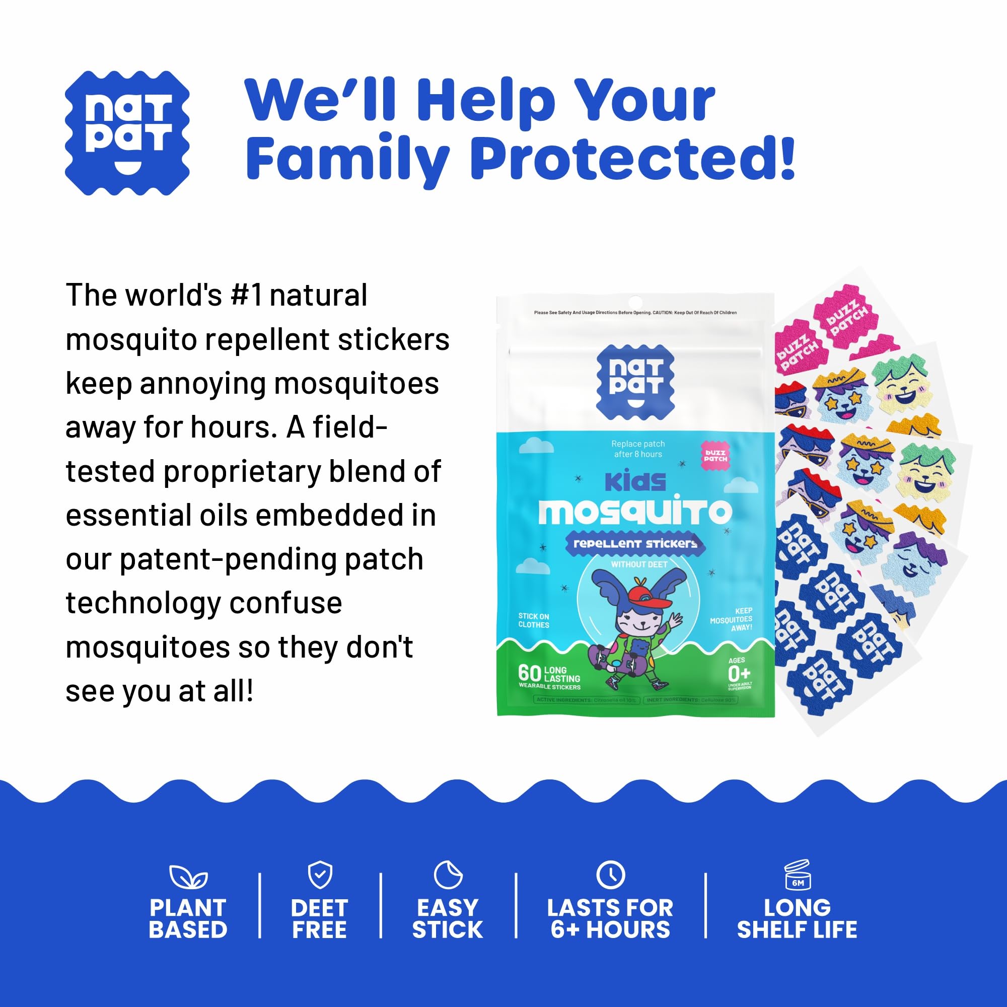 NATPAT Buzz Patch Mosquito Patch Stickers for Kids - Plant Based Ingredients, Non-Toxic - The Original All Natural Citronella Essential Oil Insect Patch, DEET Free, for Toddlers, Kids (60 Pack)