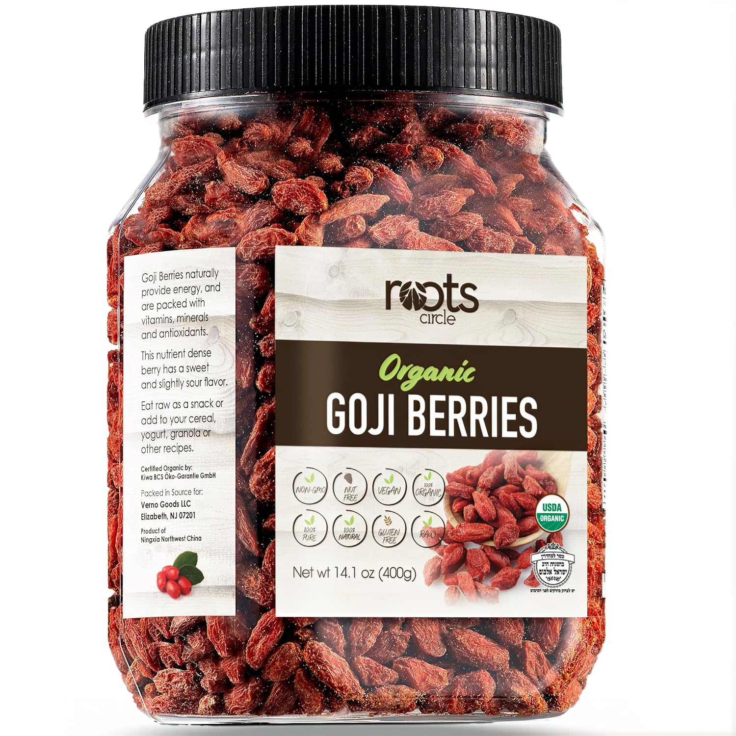 Roots Circle USDA Organic Dried Goji Berries 14.1oz Jar 1 Pack | Bulk Supply of Goji Berry Fruit Superfood | Naturally Rich in Antioxidants to Support Healthy Skin | Raw, Natural, Vegan, Non-GMO, Kosher