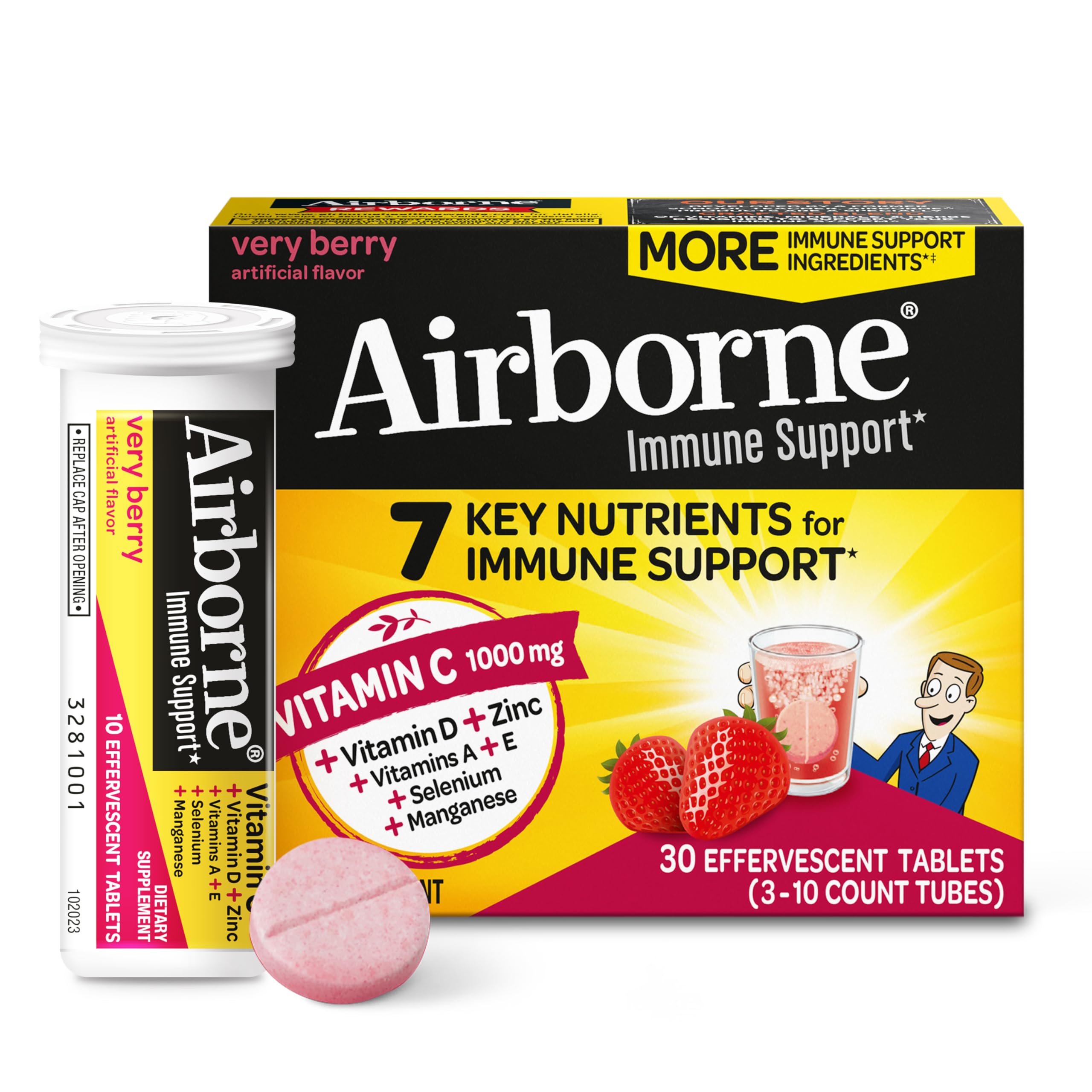 Airborne 1000mg Vitamin C with Zinc, SUGAR FREE Effervescent Tablets, Immune Support Supplement with Powerful Antioxidants Vitamins A C & E - 30 Fizzy Drink Tablets, Zesty Orange Flavor