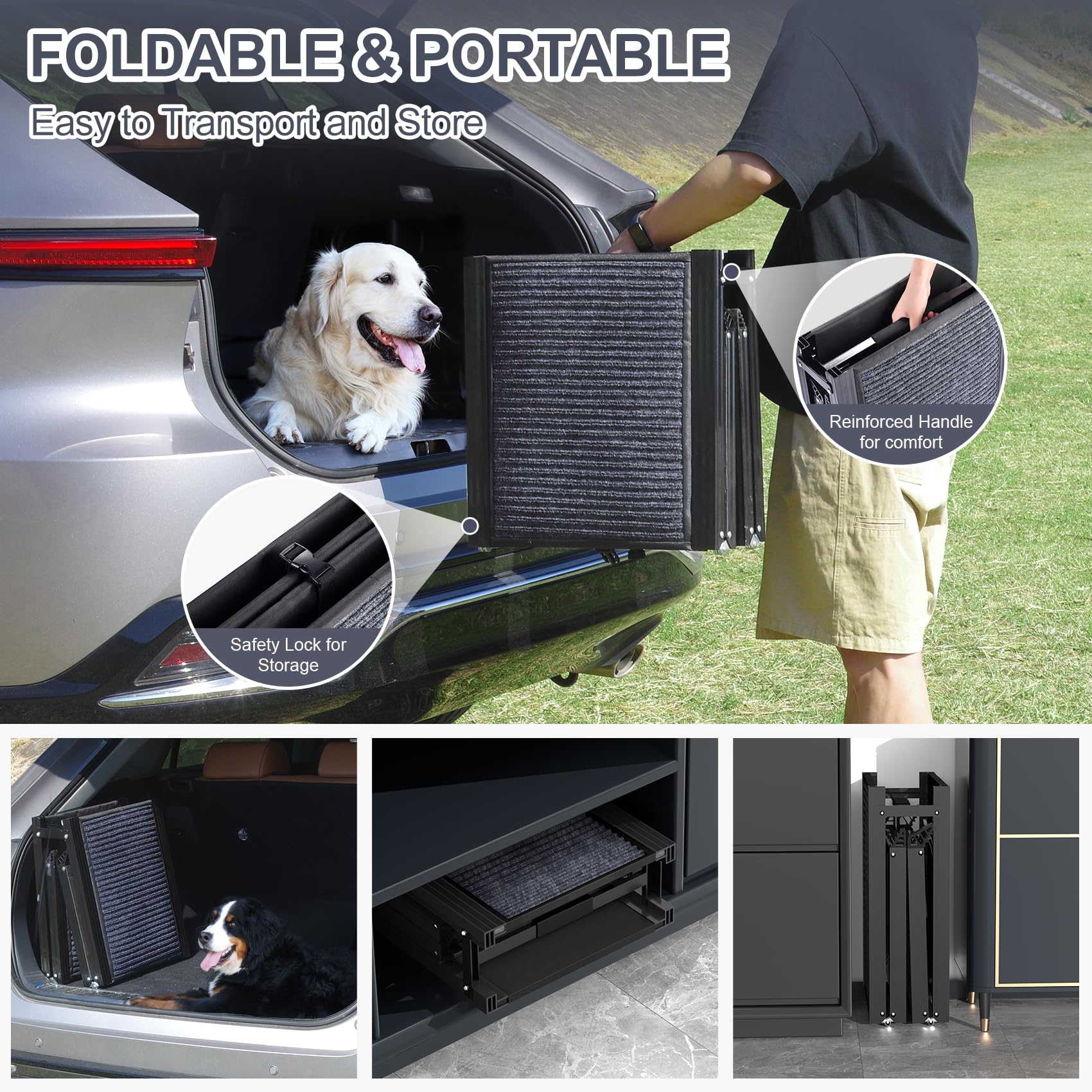 HerCcreta wigge Dog Ramp for Car 63" Long & 17" Wide Portable Dog Ramps for Large Dogs with Non-Slip Rug Surface Dog Car Ramp for SUV Car & Truck, Folding Dog Ramp Up to 250LBS