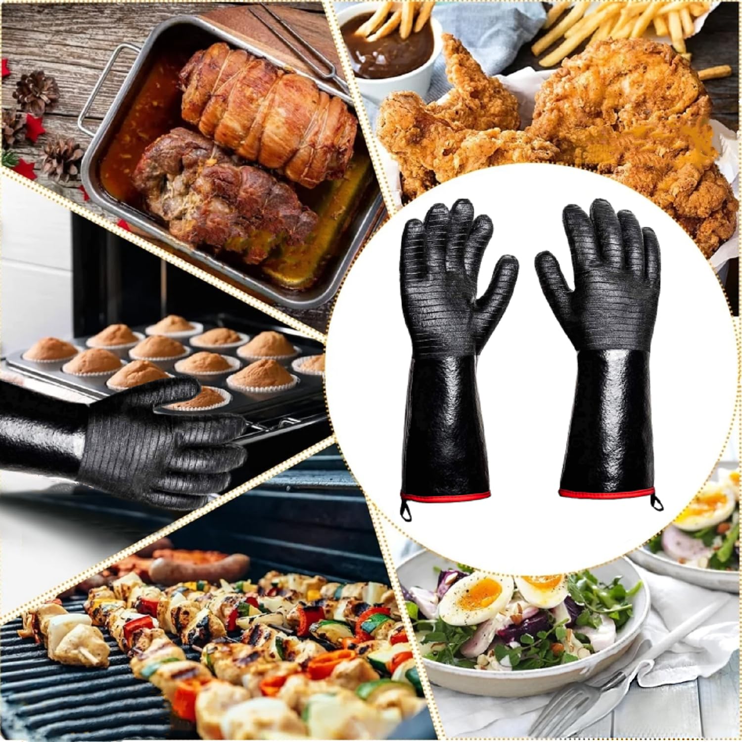 JENPOS BBQ Gloves - 1472°F Thicken Heat Resistant Gloves w/S-Hook 14 in Kitchen Oven Mitts Waterproof Grill Gloves Oil Resistant Grilling Gloves Cooking Gloves for Turkey Fryer/Baking/Oven/Smoker