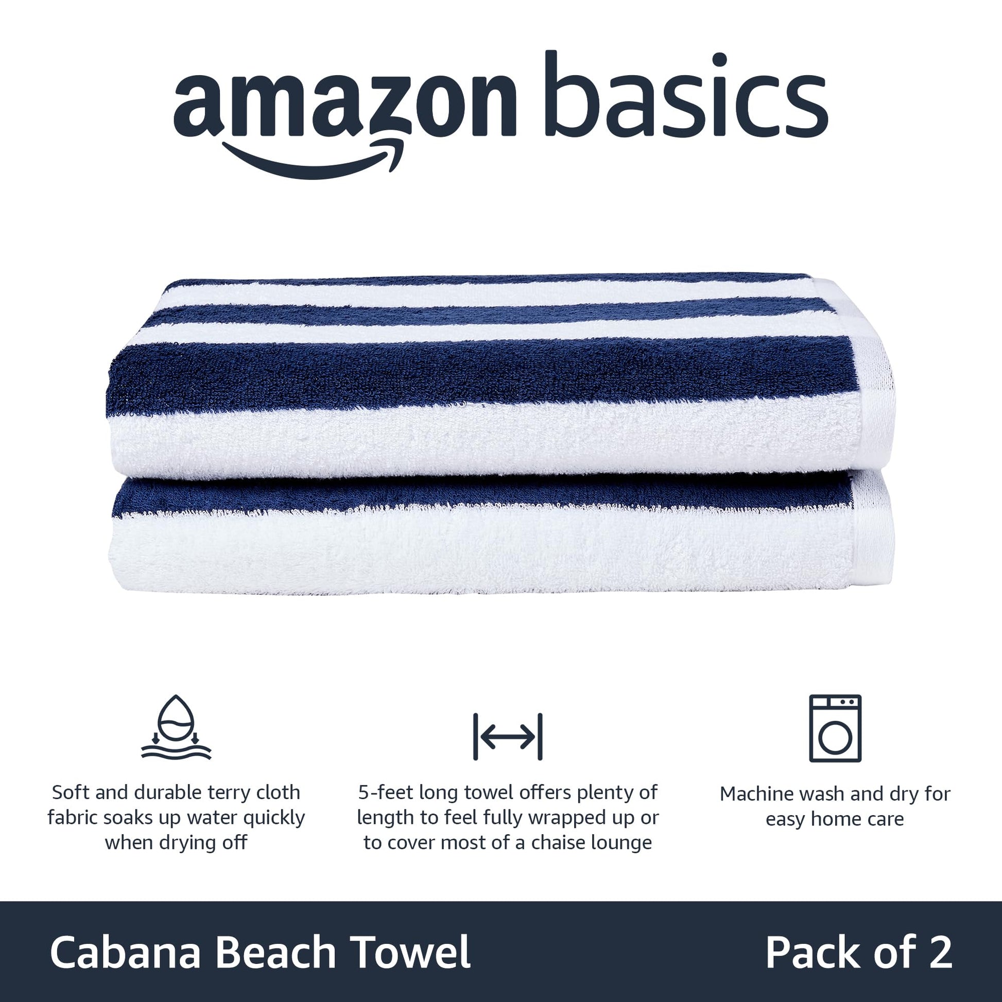 Amazon Basics 100% Cotton Terry Absorbent Cabana Stripe Pool & Beach Towels, Soft, Large, and Thick, 2-Pack, Navy Blue, 30 in x 60 in