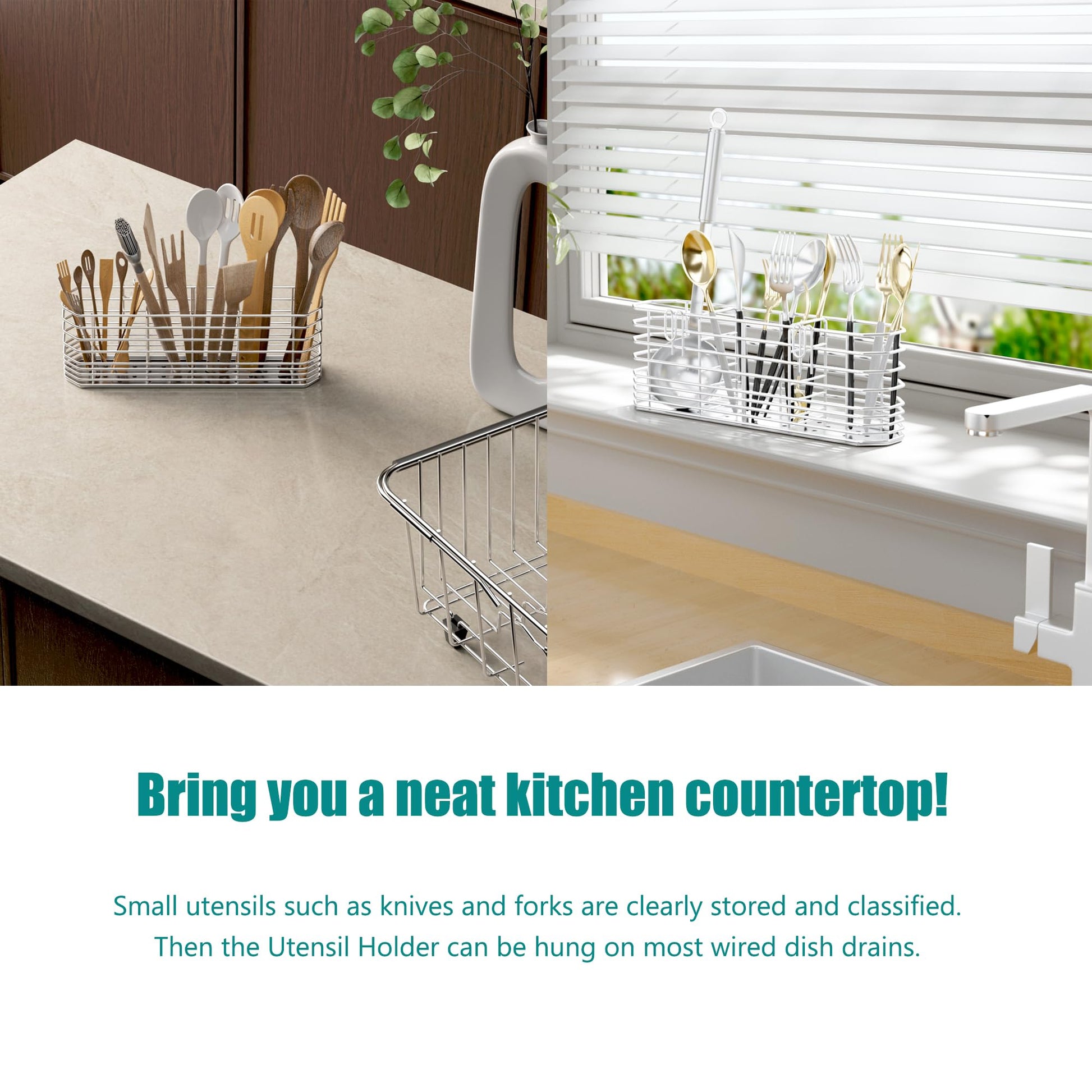 NiuYichee 304 Stainless Steel Utensil Holder, Dish Drying Rack, kitchen Utensil Organizer, Knife and Fork Drainage Rack, Kitchen Drainage Basket Accessories, With Hooks, Rust Proof, Color-Silver