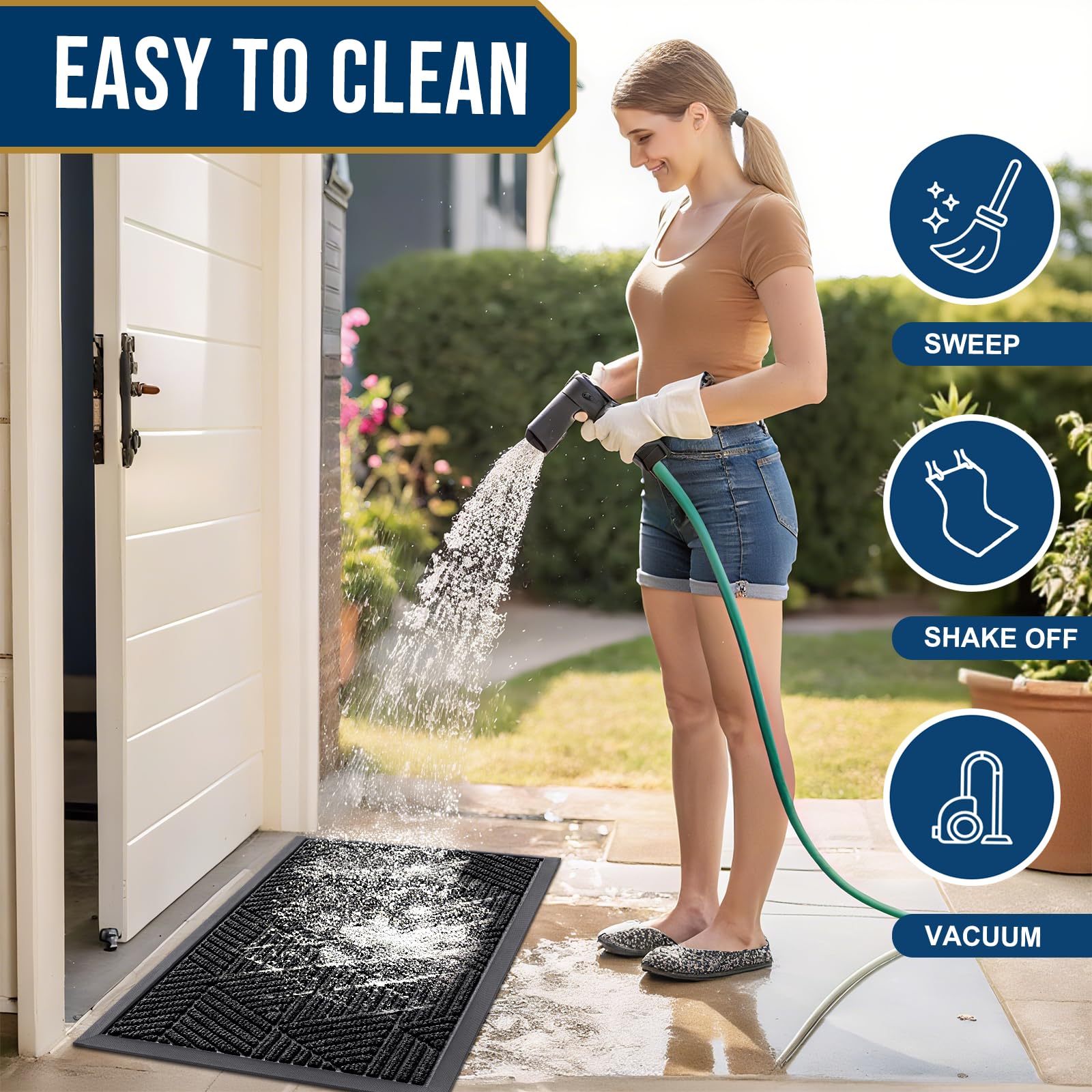 Smiry Front Door Mat Outside Entrance, Heavy Duty Sturdy Natural Rubber Doormat, Trap Dirt and Moisture, Easy Clean Low Profile Welcome Floor Mats for Indoor Outdoor Entry, 29.5x17 Inch, Black