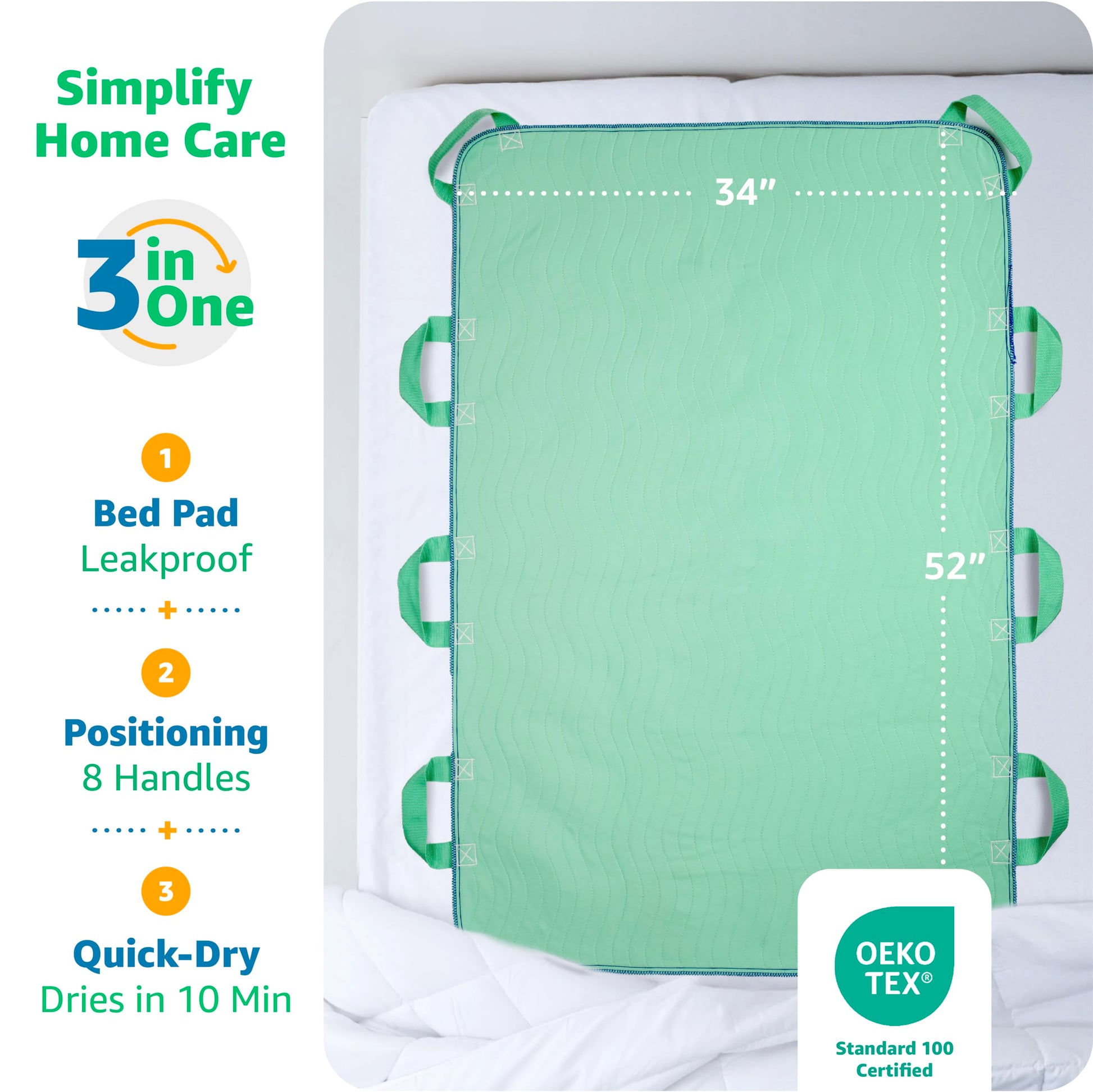 Improvia Positioning Bed Pad 34"x52" with 8 Reinforced Handles, Quick-Drying, Washable, Waterproof, Reusable, Mattress Protection, for Lifting, Turning, Transfer, Elderly and Incontinence Patients.