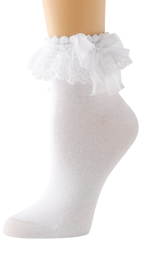 AMHRLINGTO Lace Ruffle Frilly Socks for Women - Lace Ankle Socks with Bow (White-1 Pairs)