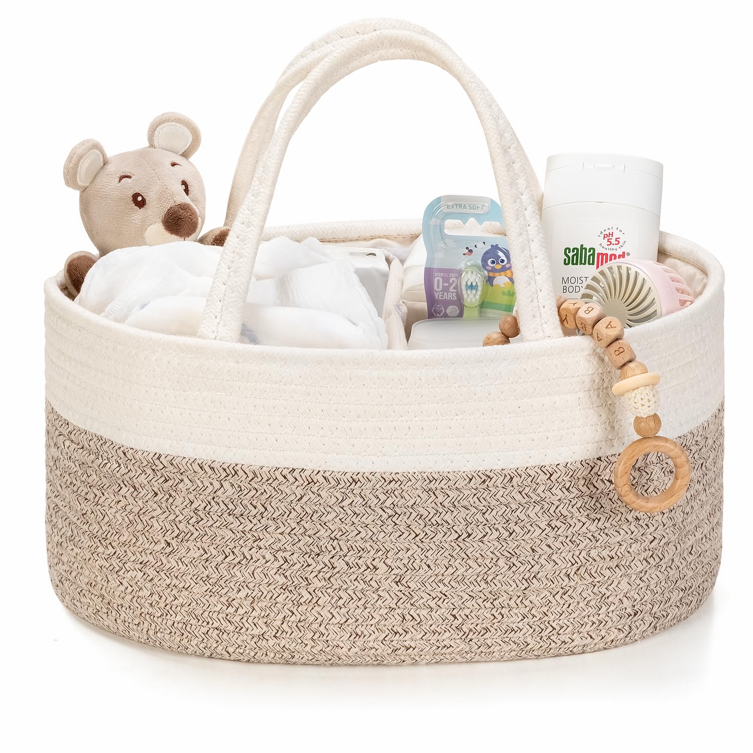 Kodomoore Diaper Caddy Organizer, Empty Gift Basket for Newborn Essentials, Baby Storage Basket, Stylish Gift Bag for Baby Shower, Boys and Girls - Small, White and Beige Brown
