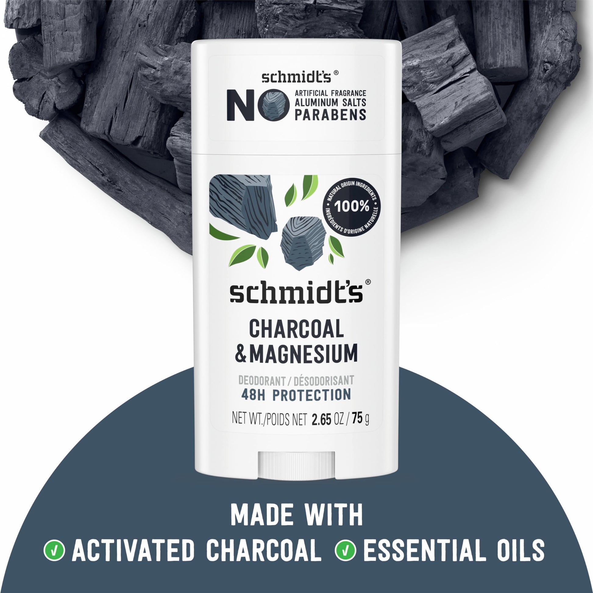 Schmidt's Aluminum-Free Vegan Deodorant Charcoal & Magnesium with 48 Hour Odor Protection, 2 Count for Women and Men, Natural Ingredients, Cruelty-Free, 2.65 oz, Pack of 2